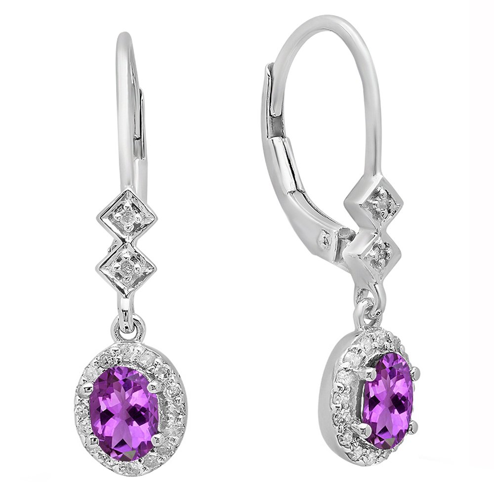 10K White Gold Oval Gemstone & Round Diamond Halo Drop Earrings for Women | Dazzlingrock Collection | Perfect for Weddings, Parties & Special Occasions