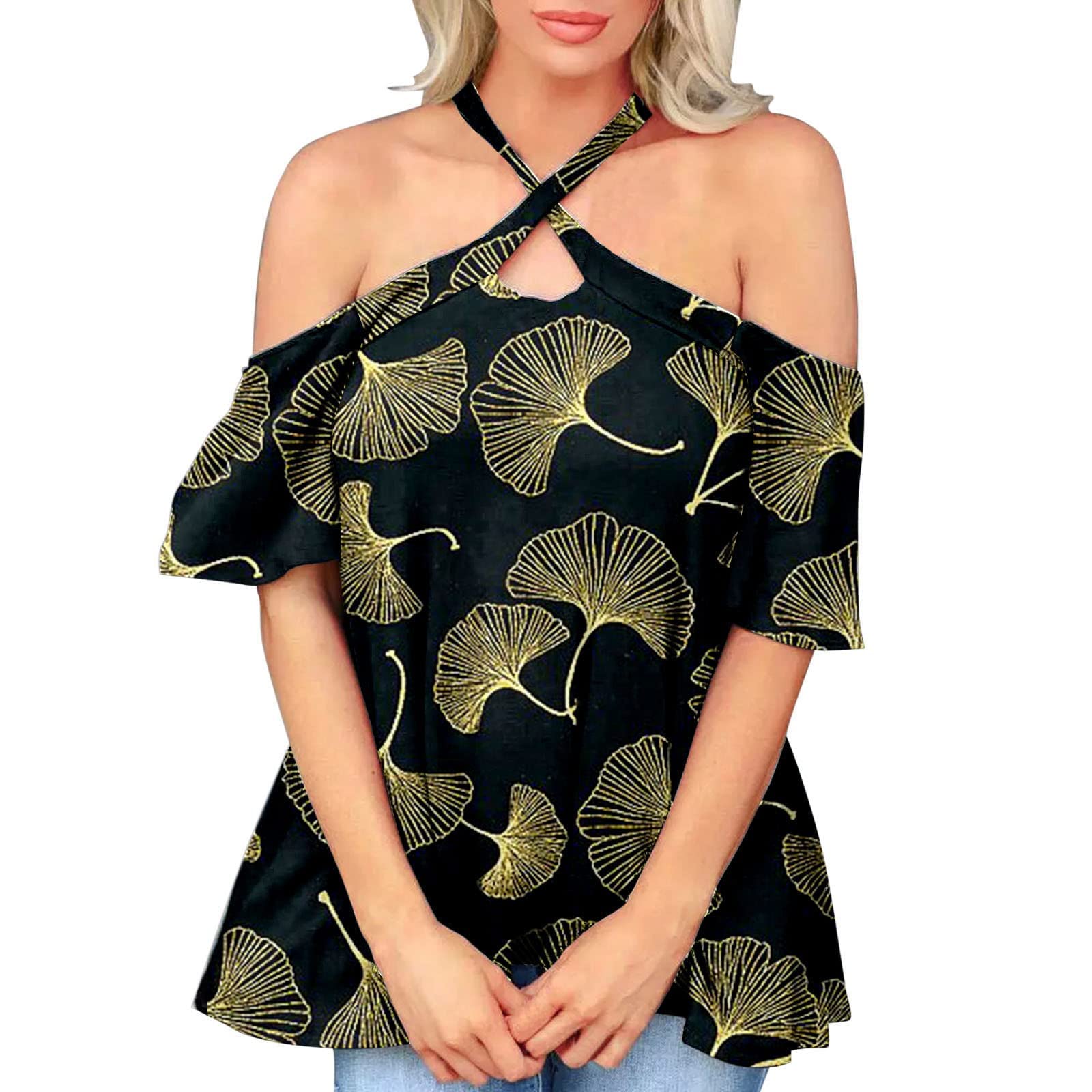 Women's Summer Cold Shoulder Tops - Sexy Cross Halter T-Shirt with Tie Dye Print, Ruffle Sleeves & Flowy Fit | Fashion Tunic Tee for Beach, Party & Casual Outings
