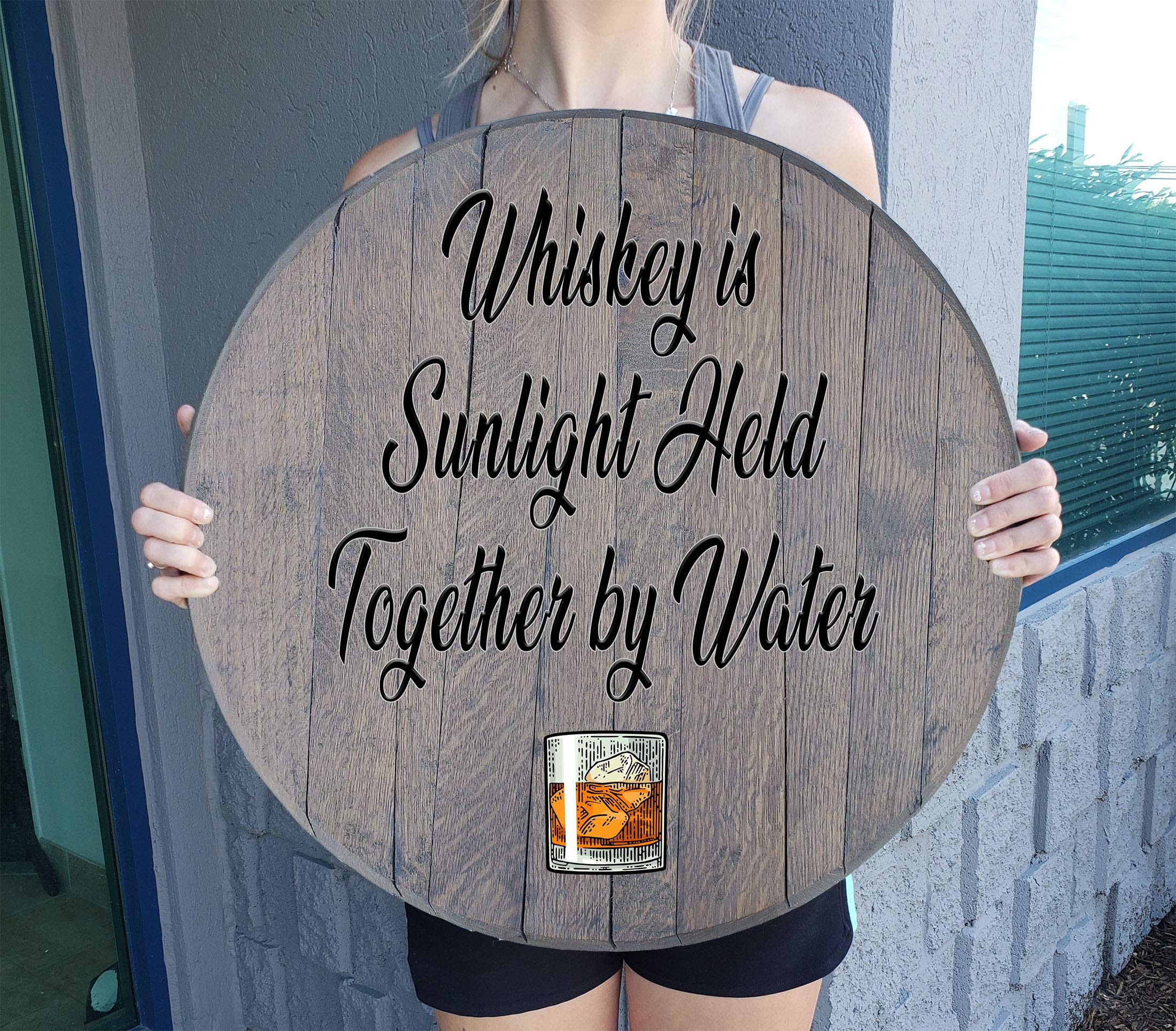 Rustic Whiskey Barrel Lid Wall Decor - Distressed Barnwood Gray Finish - Perfect for Man Cave, Bar, or Home Office - Unique Whiskey & Sunlight Themed Art