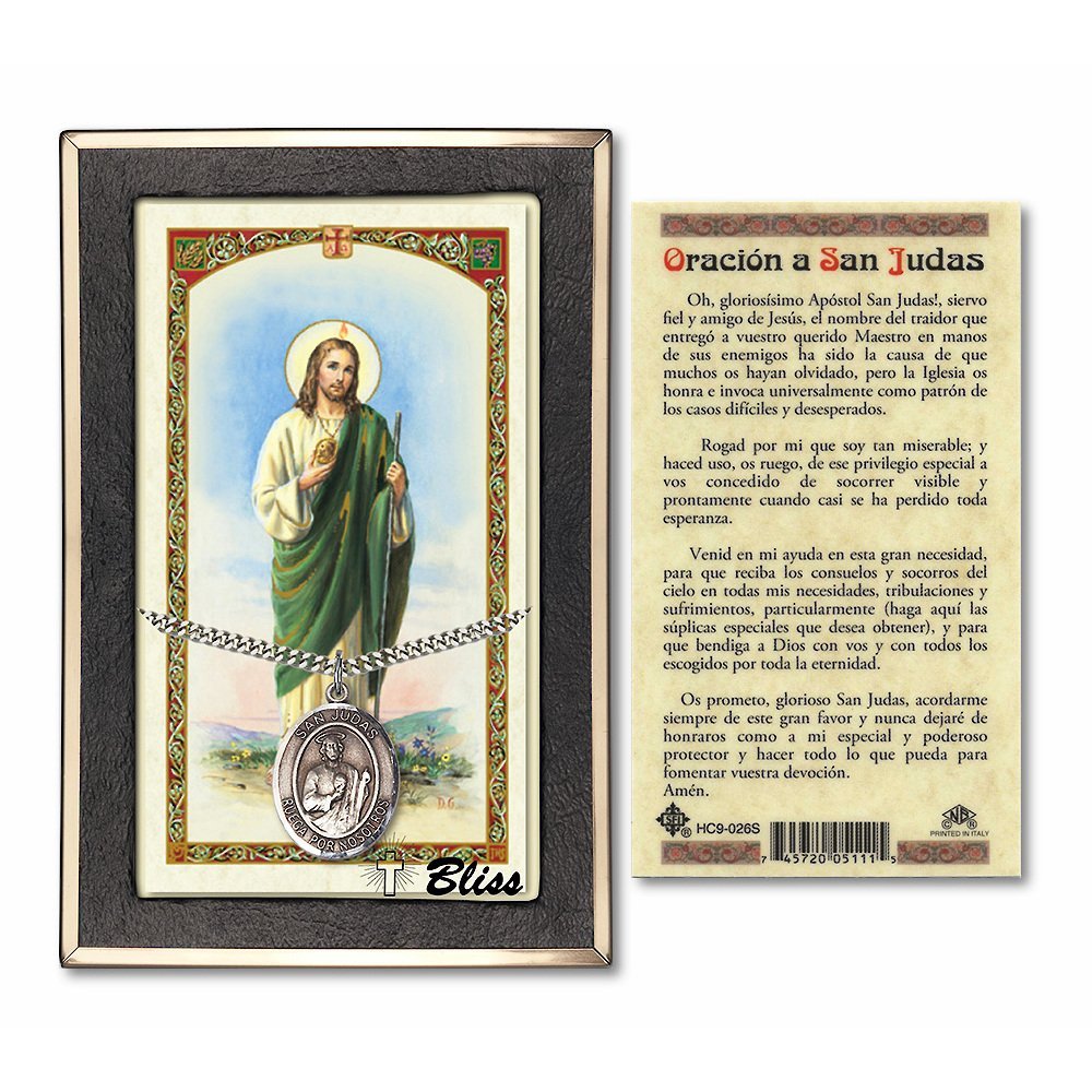 Bonyak Sterling Silver San Judas Pendant Necklace with 24-Inch Curb Chain & Prayer Card - Religious Jewelry for Protection, Faith & Devotion - Perfect for Gifts, Baptisms & Spiritual Occasions