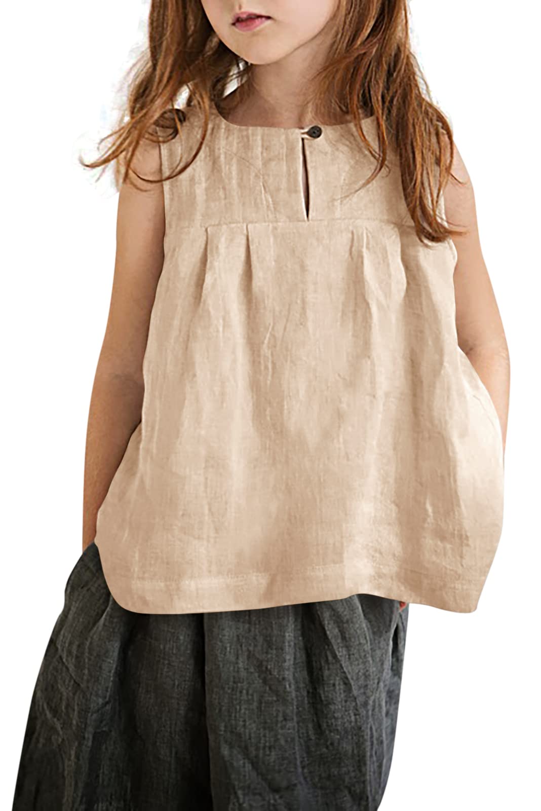 **Girls Cotton Linen Blend Tank Tops - Sleeveless Crewneck Cami Tee with Front Buttons for Kids Ages 5-14 | Casual Summer Outfits, Playdates & School Wear**