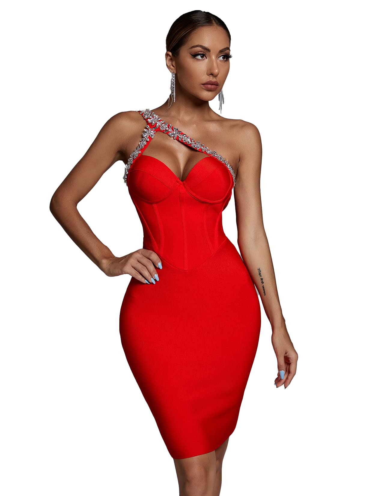 BELLA BARNETT Sexy Bodycon Dress for Women - Backless One Shoulder Bandage Cocktail Dress with Crystal Details for Birthday Party, Wedding Guest & Night Out