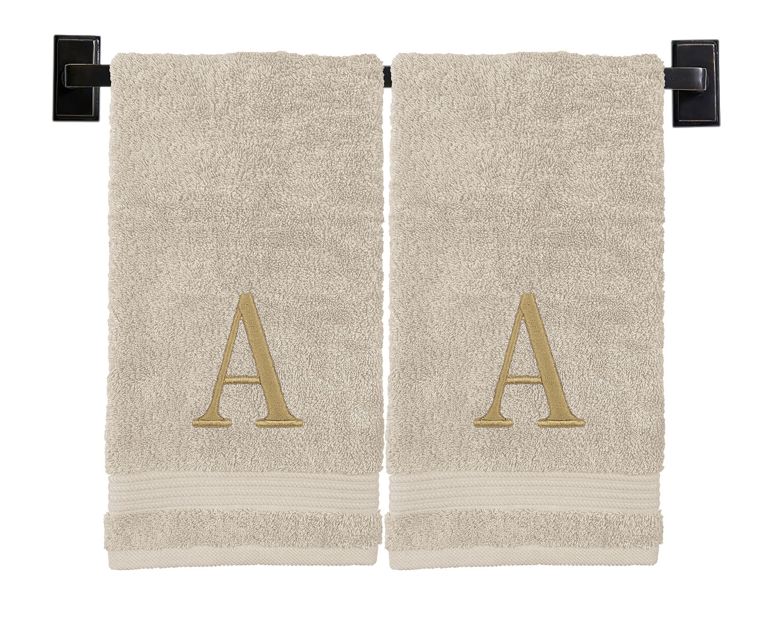 Custom Monogrammed Luxury Towels - 100% Turkish Cotton or USA-Made Spa Quality Set of 2, Embroidered with Gold Thread, Personalized Modern Bath Towels in Beige - Perfect for Spa Days, Wedding Gifts & Luxury Bathroom Decor