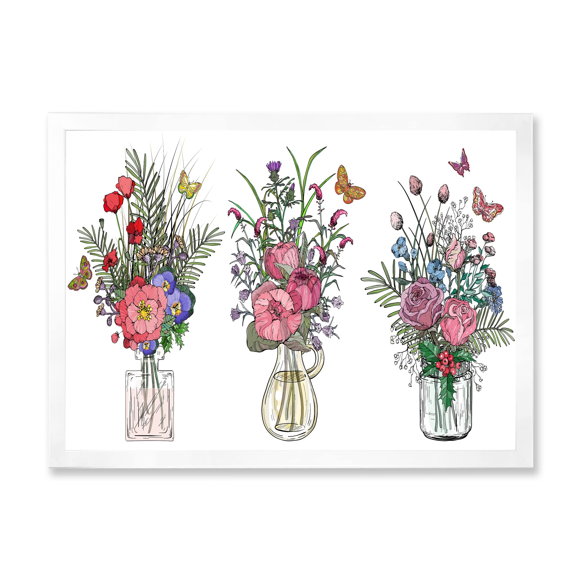 Farmhouse Wildflower Bouquets in Transparent Vases - Rustic Framed Wall Art Decor for Living Room, Bedroom & Office