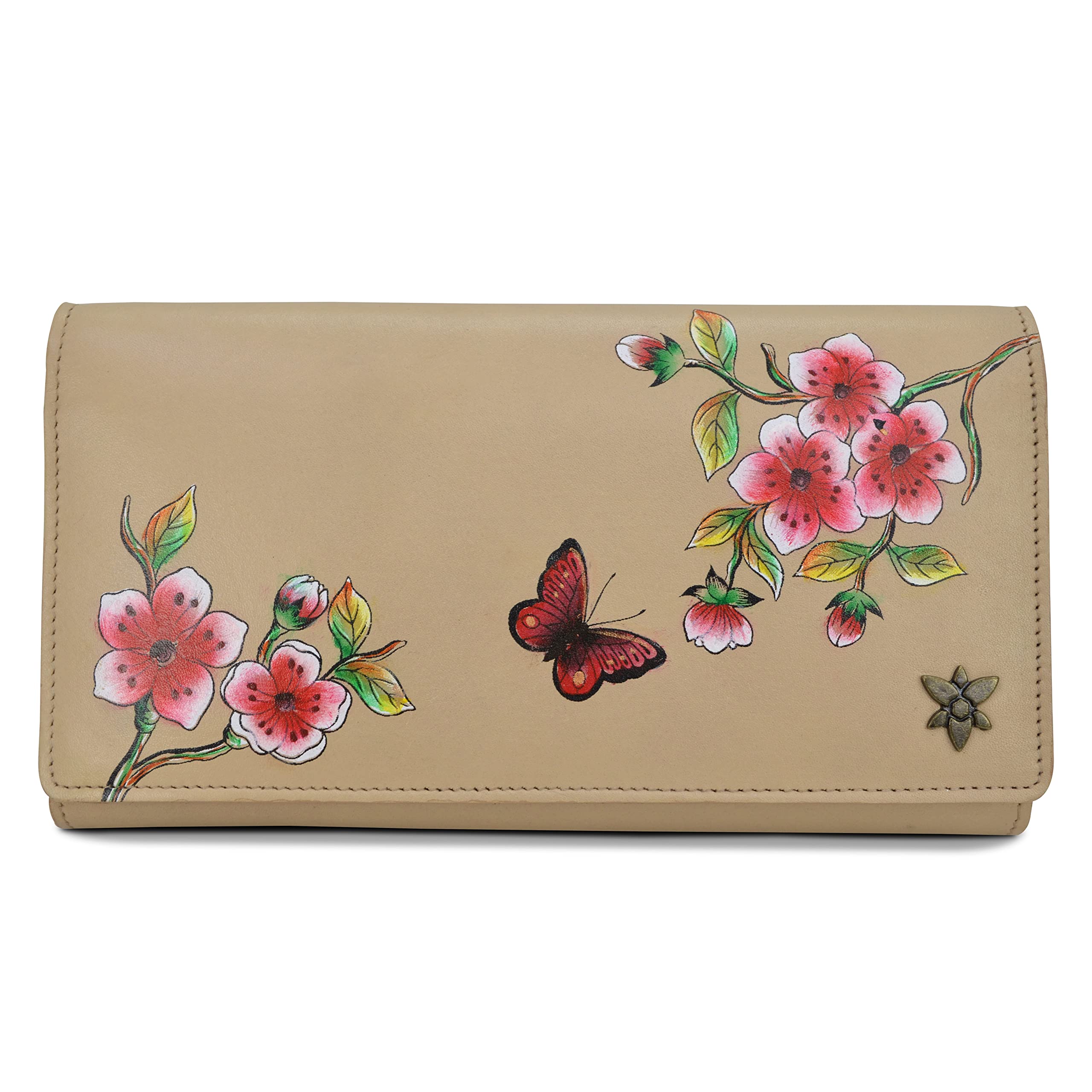 Anuschka Hand-Painted Genuine Leather RFID Blocking Women's Wallet - Flower Garden Almond Design | Secure 3-Fold Wallet for Everyday Use, Travel & Gift Giving