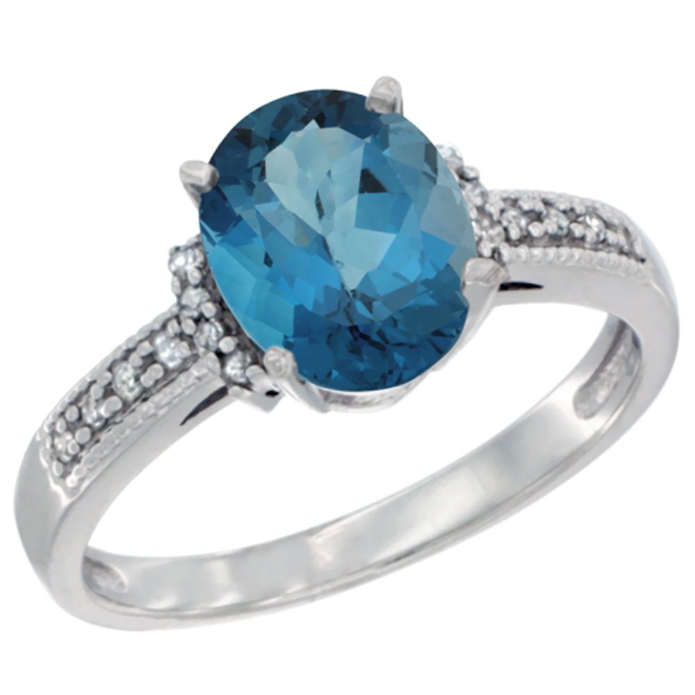 10K White Gold Natural London Blue Topaz Oval Ring with Diamond Accent (9x7mm) - Sizes 5-10 | Elegant Engagement, Anniversary & Gift Jewelry for Women