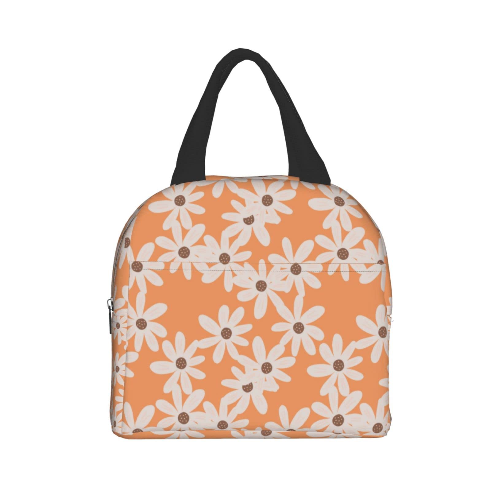 Insulated Lunch Box with Floral Pattern - Reusable & Portable Orange Lunch Bag for Men & Women - Perfect for Work, Travel, Picnic & Outdoor Activities