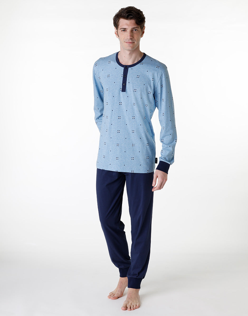 Men's Long Serafino Pajama Set in Blue Striped Jersey - Perfect for Relaxing at Home & Comfortable Sleepwear