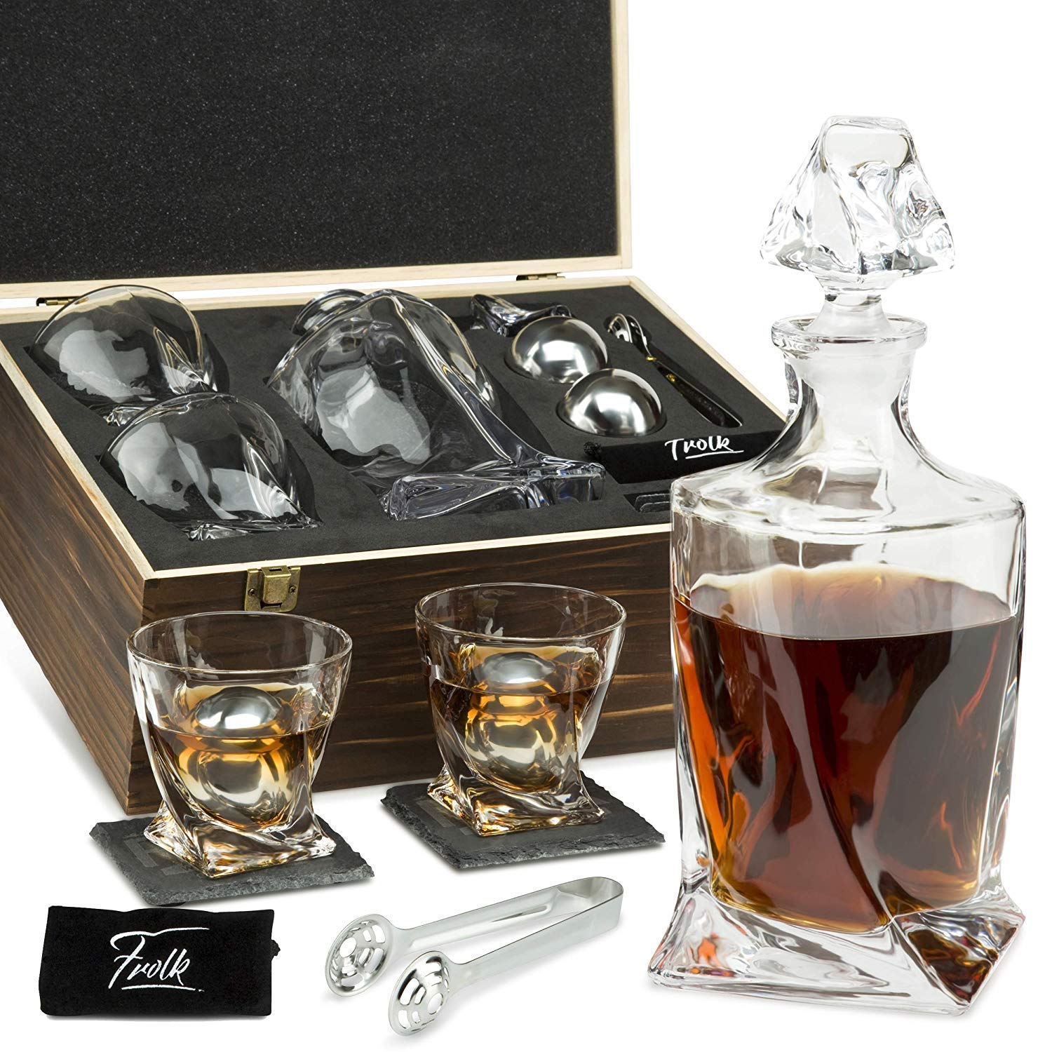 Premium Whiskey Decanter Set for Men - Elegant Twisted Bourbon Decanter with 2 Whiskey Glasses, 2 XL Stainless Steel Ice Balls, 2 Slate Coasters, Tongs & Freezer Pouch in Pinewood Gift Box - Perfect for Home Bars, Gifts & Whiskey Enthusiasts