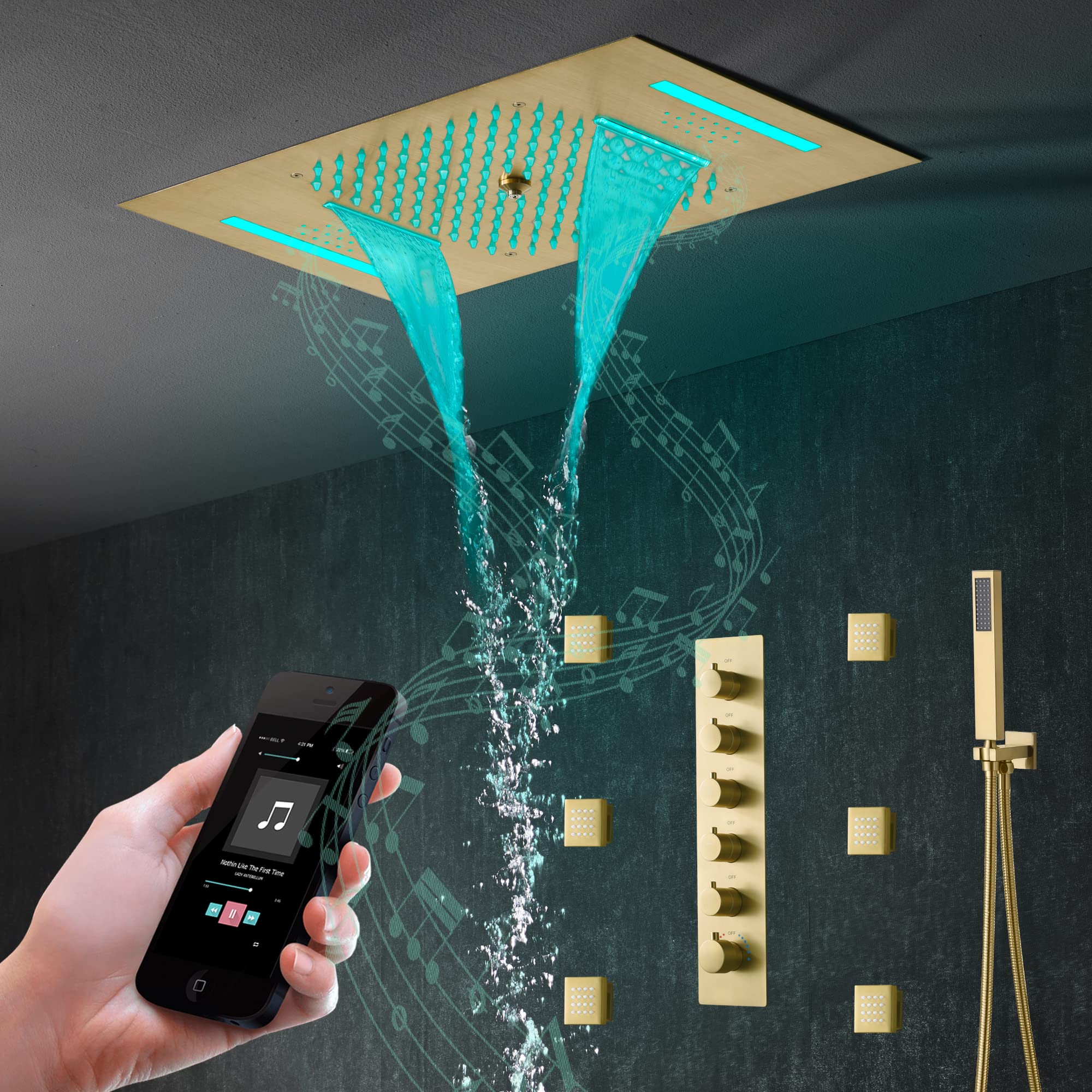Cascada Luxury 23”x15” Bluetooth Shower System with 5 Functions, LED Lights, Remote Control - Perfect for Spa-Like Bathrooms and Modern Home Upgrades (Matt Black)