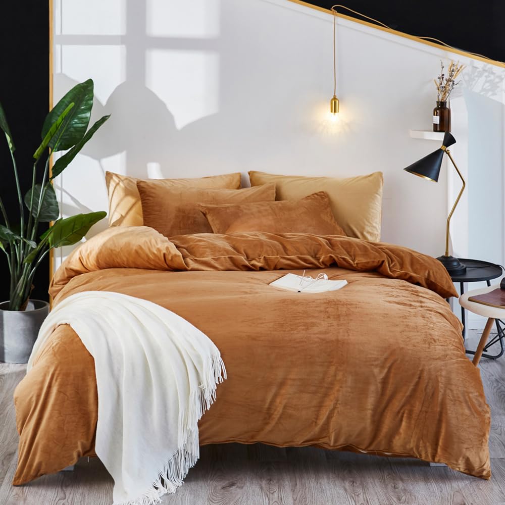 King Size Velvet Orange Sherpa Comforter Set - Soft Fluffy Warm Fuzzy Blanket for Winter Bedding | Pumpkin & Cinnamon Dusty Orange Brown | Perfect for Cozy Nights & Cold Weather