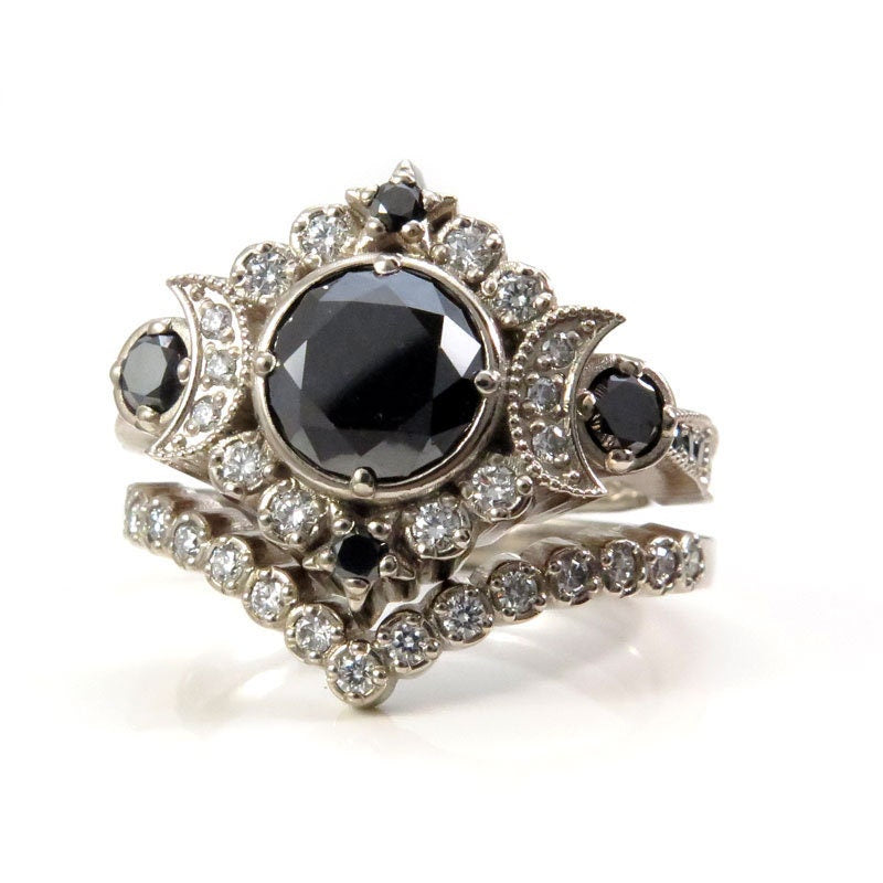 Black & White Diamond Selene Gothic Moon Engagement Ring Set - 14k Rose, Yellow or White Gold - Celestial Bohemian Wedding Ring for Women - Perfect for Gothic, Boho & Alternative Brides