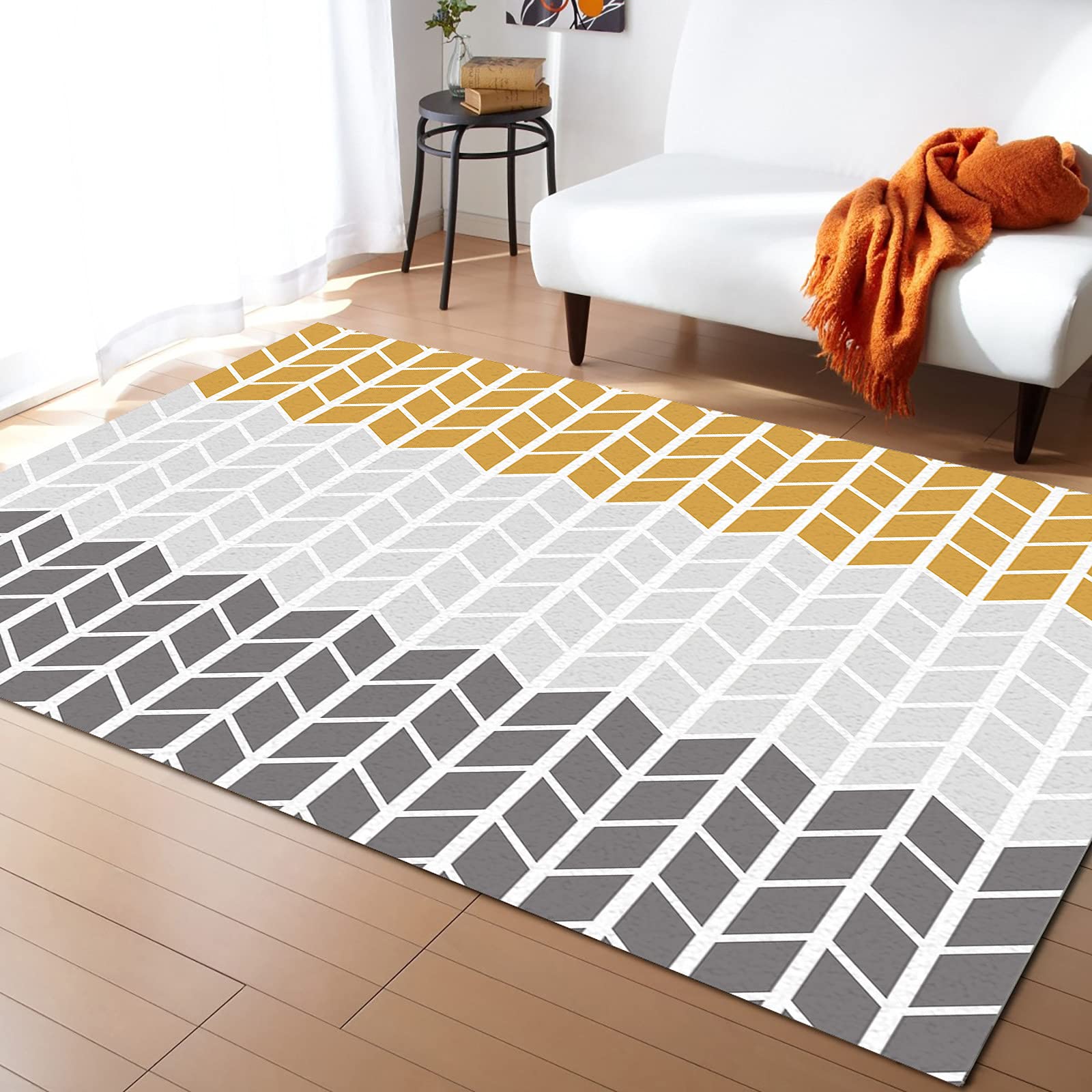 Modern Geometric Zig Zag Orange Gray Low Pile Non-Slip Area Rug - 24x36 Inch Indoor Runner Carpet for Dining Room, Living Room, Bedroom, Entryway & Foyer - Perfect for Home Decor, Office Spaces & High Traffic Areas