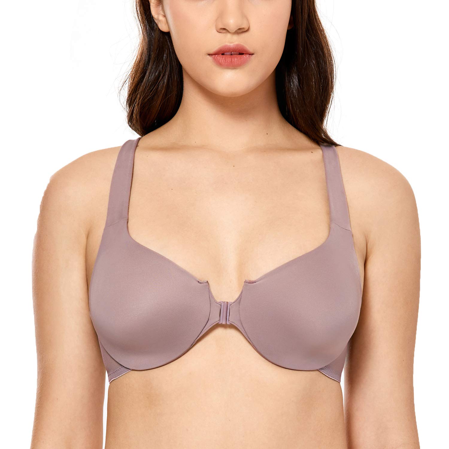 DELIMIRA Women's Front Closure Wireless Bra - Plus Size Full Coverage Unlined Racerback Plunge Bra for Comfort & Support | Perfect for Yoga, Workout & Everyday Wear