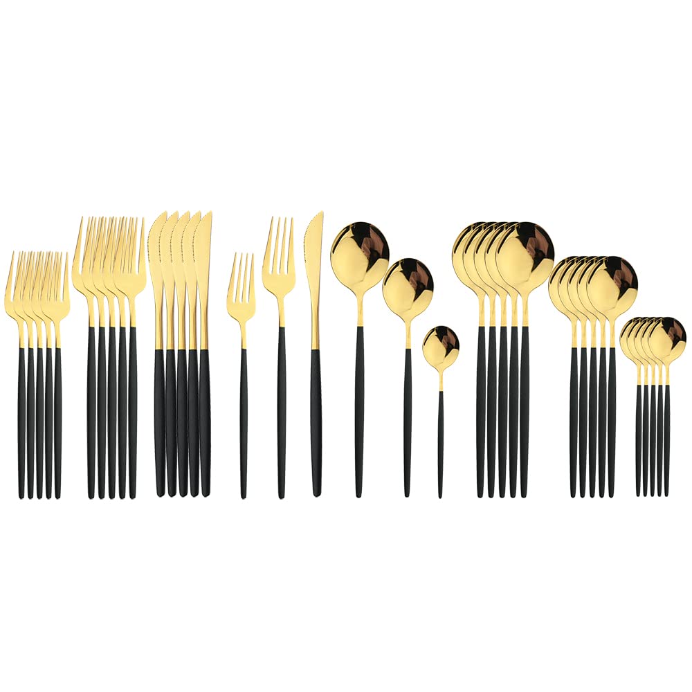 36-Piece Stainless Steel Silverware Flatware Set - Black Gold Cutlery Set with Knives, Forks, Spoons for Dinner, Dessert & Kitchen | Elegant Tableware for Formal Dining, Parties & Everyday Use