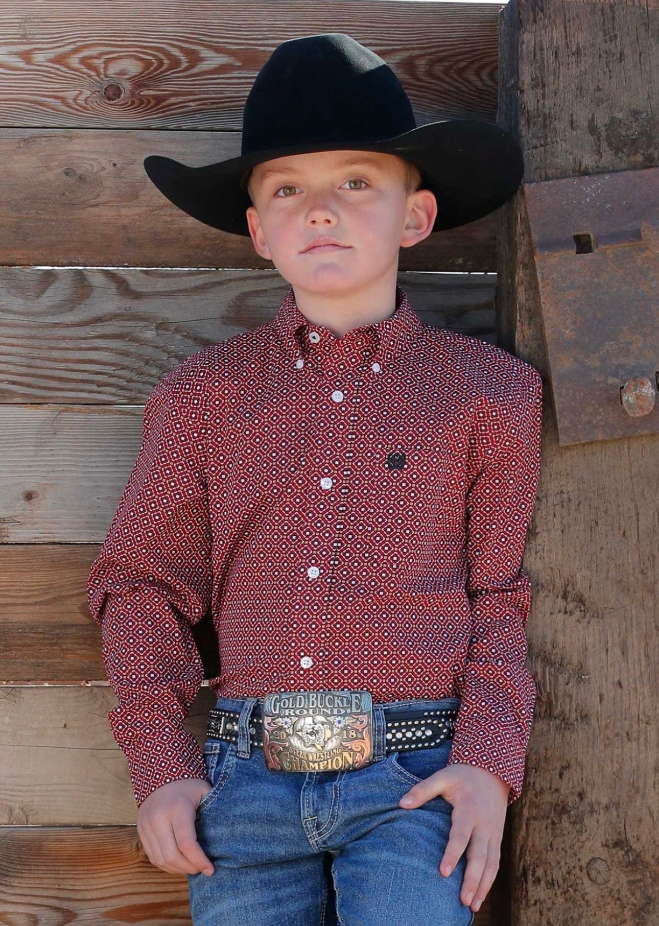 Boys Red Geometric Print Western Button Down Shirt - Stylish Casual Wear for Kids, School, and Outdoor Activities