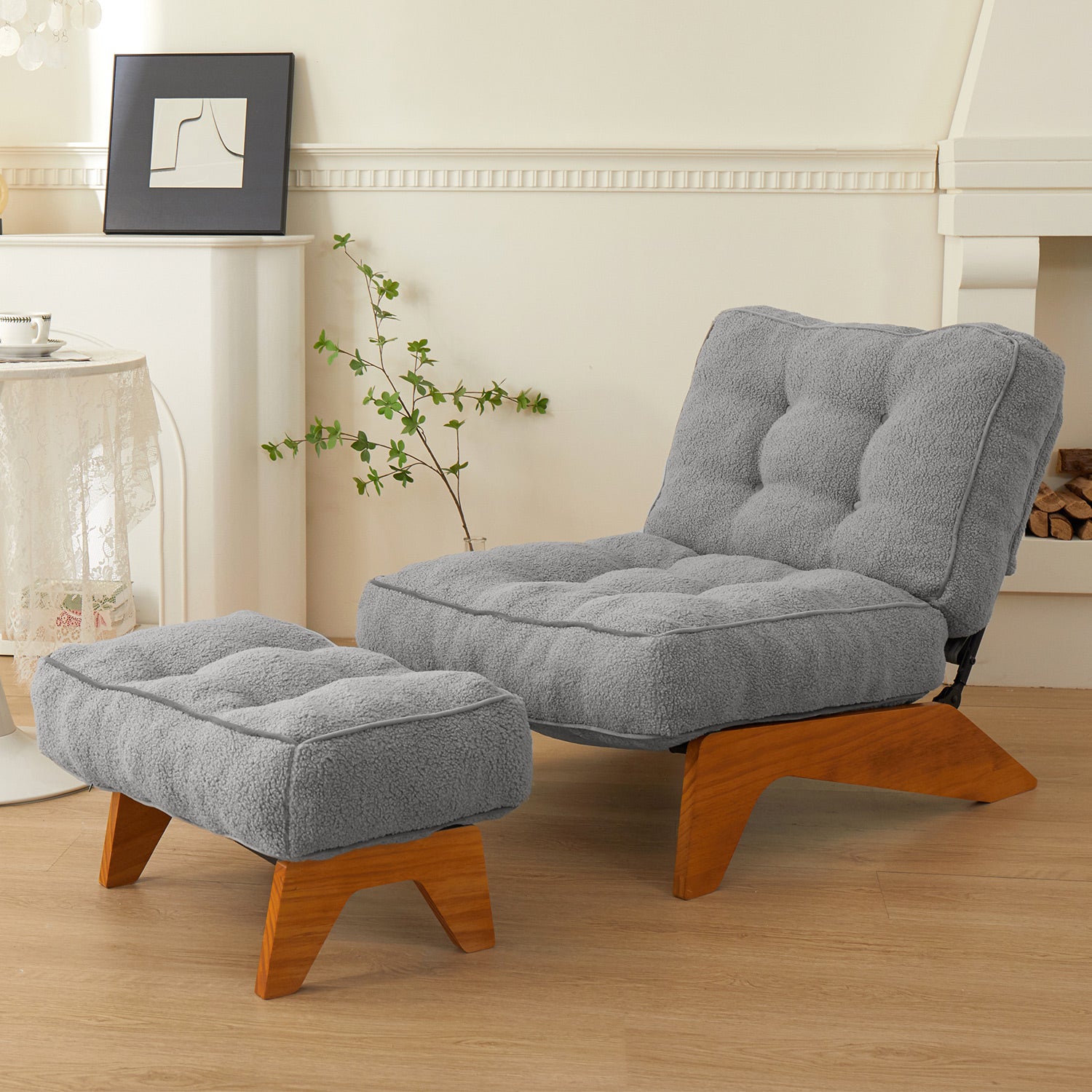 MAXYOYO Adjustable Accent Chair with Ottoman - Boucle Tufted Lounge Chair Set in Grey | Modern Living Room Furniture for Relaxing & Reading | Perfect for Home Office, Bedroom or Apartment Decor