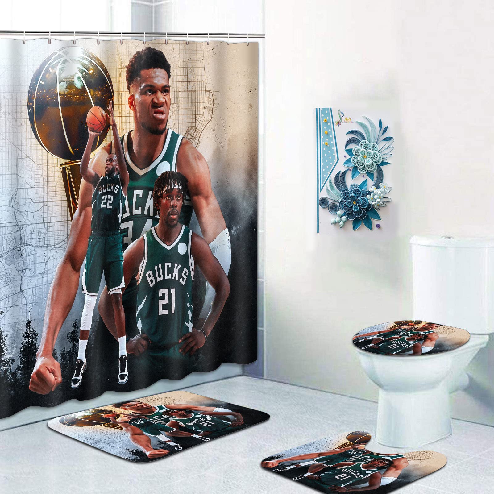 4-Piece Milwaukee Bucks Shower Curtain Set with 12 Hooks - Waterproof 72x72 Inch Bathroom Decor with Matching Toilet Lid Rug - Modern NBA Team Theme for Sports Fans' Home Decor