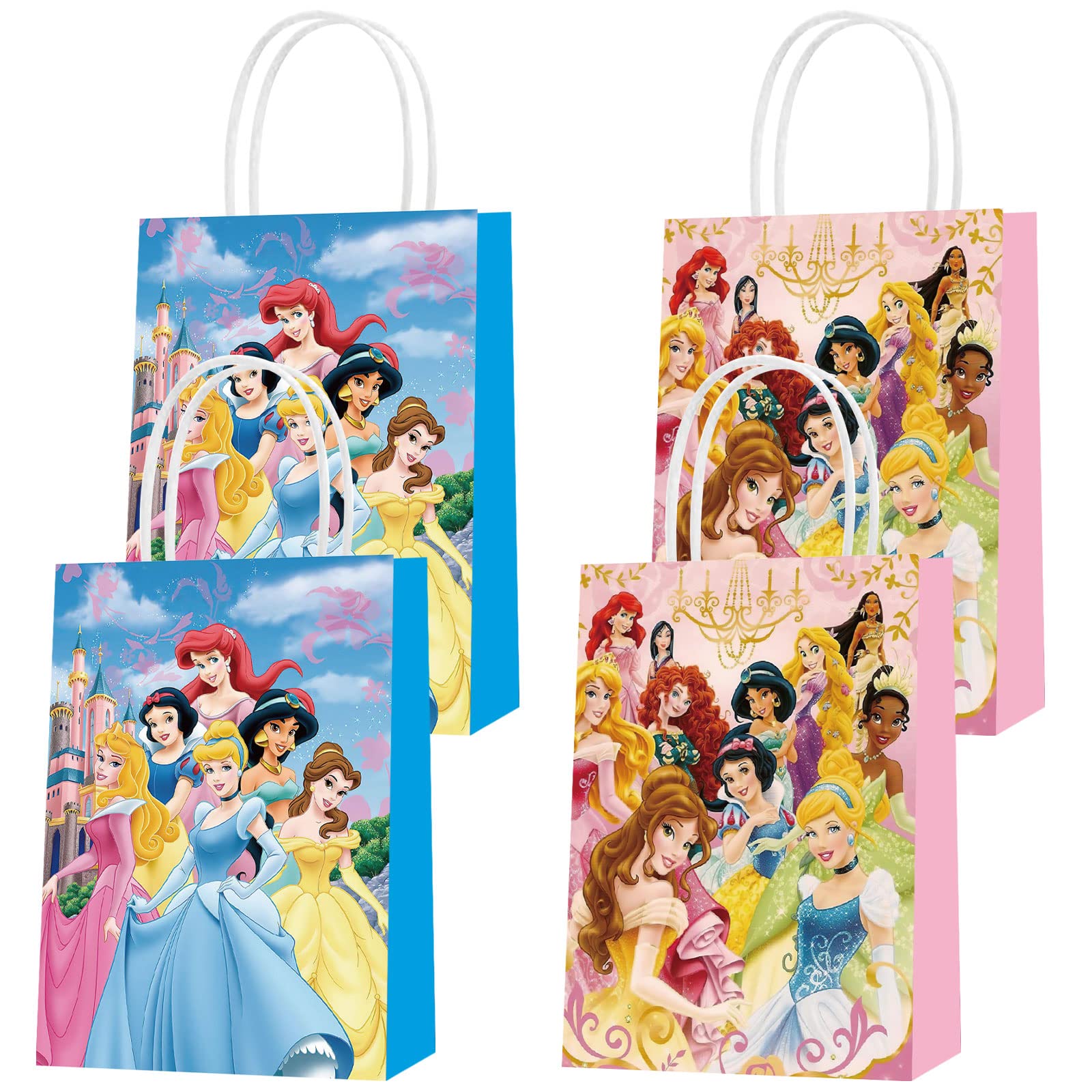 16 Pcs Princess Party Favor Bags with Handles - 2 Styles Gift Bags for Birthday Party Supplies, Candy & Goody Bags for Girls & Boys - Perfect for Princess Themed Decorations, Baby Showers & Birthday Celebrations
