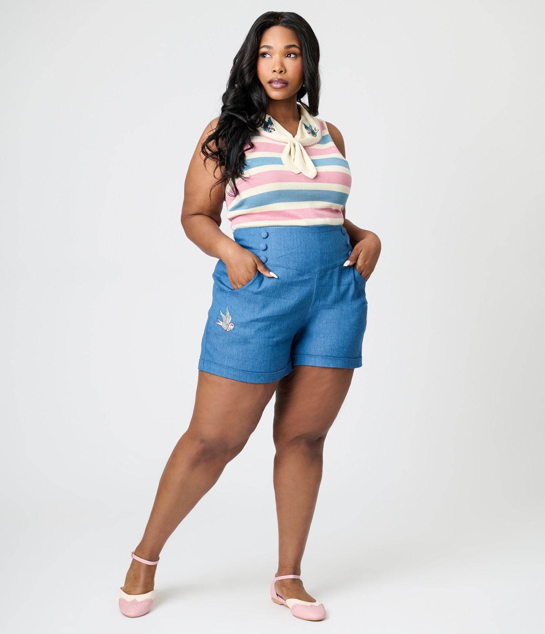 Royal Monk Plus Size Denim Blue Swallows Millie Shorts for Women - Comfortable High Waisted Stretch Jeans Shorts for Summer, Casual Wear and Outdoor Activities
