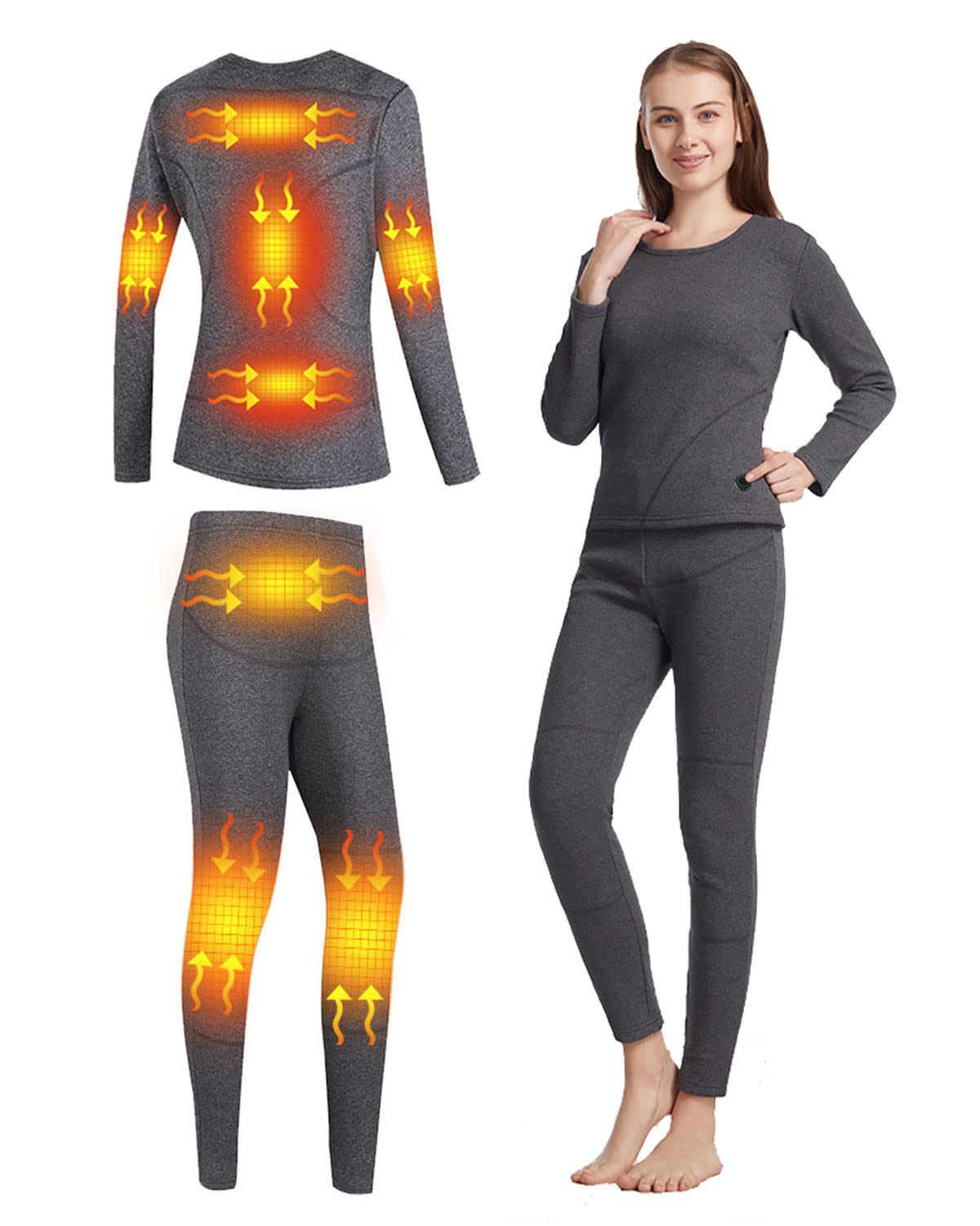 USB-Powered Women's Electric Heated Thermal Underwear Set with 8 Adjustable Heating Pads - Machine Washable Winter Wear for Outdoor Activities, Skiing & Cold Weather Comfort