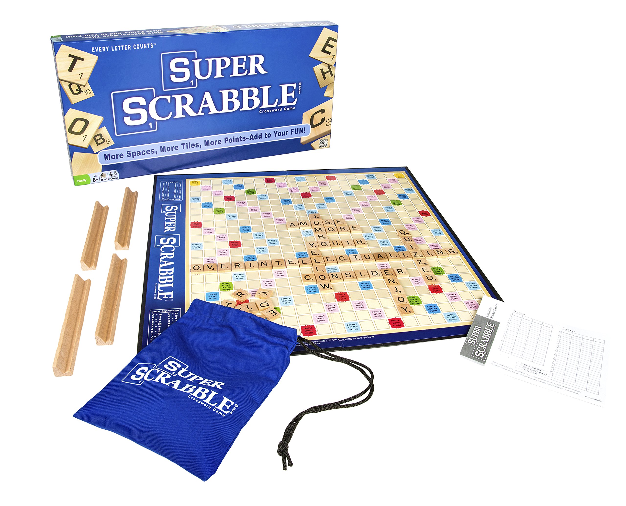 Super Scrabble Deluxe Edition - Extra Large Family Word Board Game for 2-4 Players Ages 8+ | Classic Educational Game for Kids & Adults | Perfect for Family Game Nights, Classroom Learning & Party Entertainment