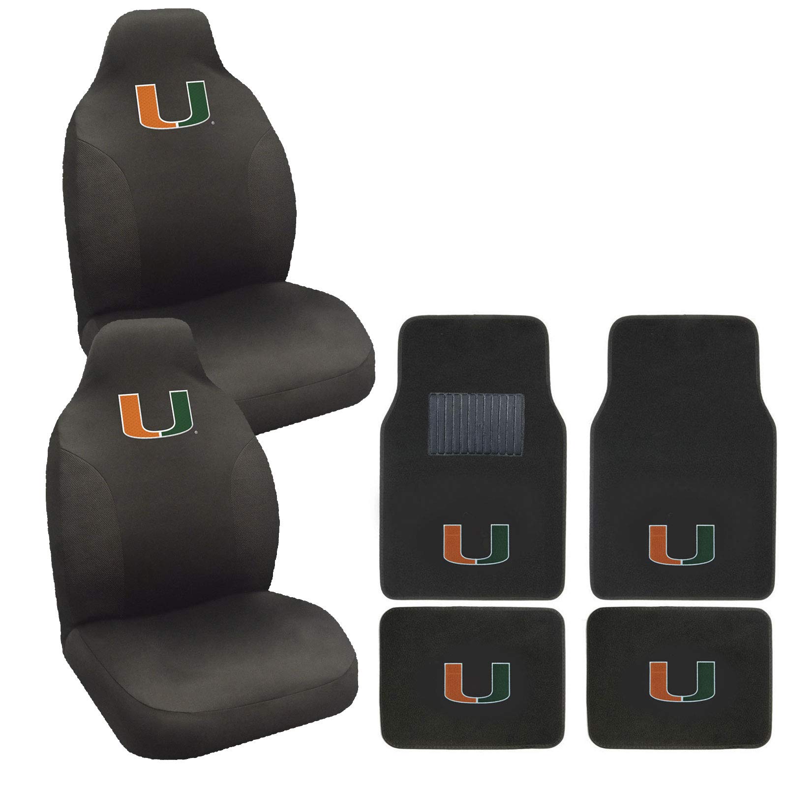 Miami Hurricanes Embroidered Logo Carpet Floor Mat and Rally Seat Covers Set - Perfect for Car, Home, and Tailgating - Officially Licensed Fan Gear for Football Games and Sports Decor