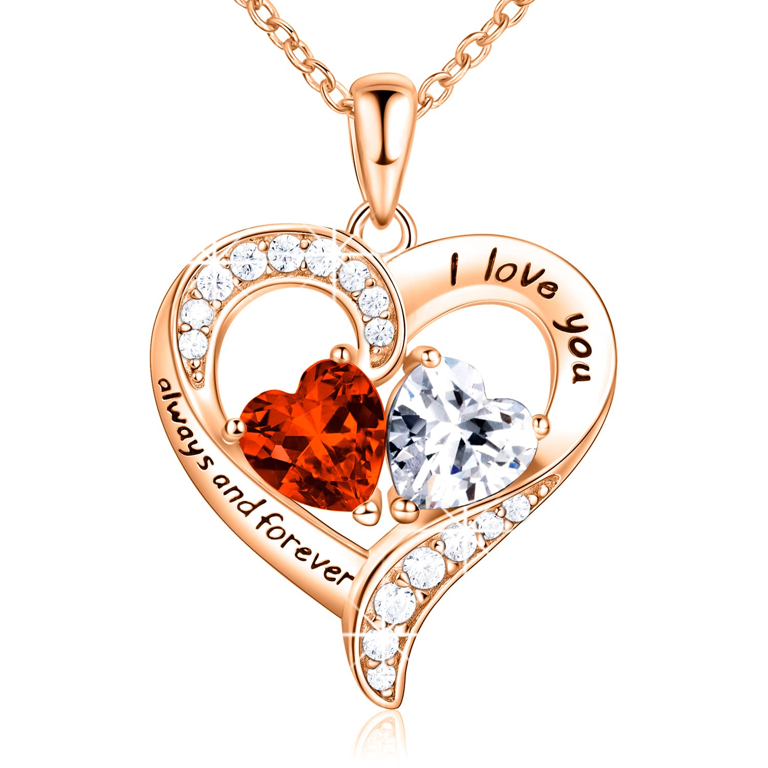 18K Rose Gold Heart Necklace with 2 Birthstones - Personalized Custom Jewelry Gift for Women, Mom, Wife, Grandma, Sister & Friend - 5A Cubic Zirconia Sterling Silver Pendant - Perfect for Anniversary, Birthday, Mother's Day, Christmas & Valentine's Day - Express 