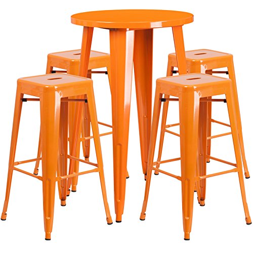StarSun Depot 24 Inch Round Orange Metal Bar Table Set with 4 Backless Stools - Indoor Outdoor Bistro Dining Set, 24