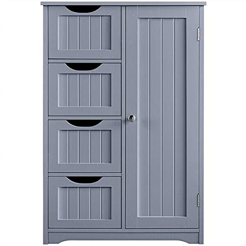 EnginDS Wooden Bathroom Floor Cabinet with 4 Drawers & Cupboard - Hallway, Kitchen, Garage Storage Cabinet - Organize Bathroom Essentials, Bedroom Clothes & Household Items