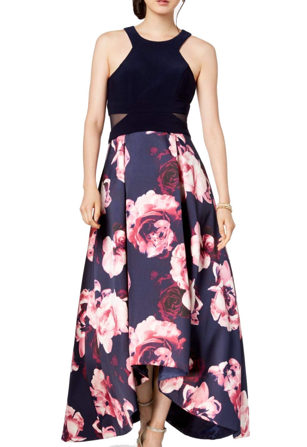 X by Xscape Women's Floral Hi-Low Evening Dress - Navy Blue Size 16 | Elegant Formal Gown for Prom, Wedding Guest & Special Occasions