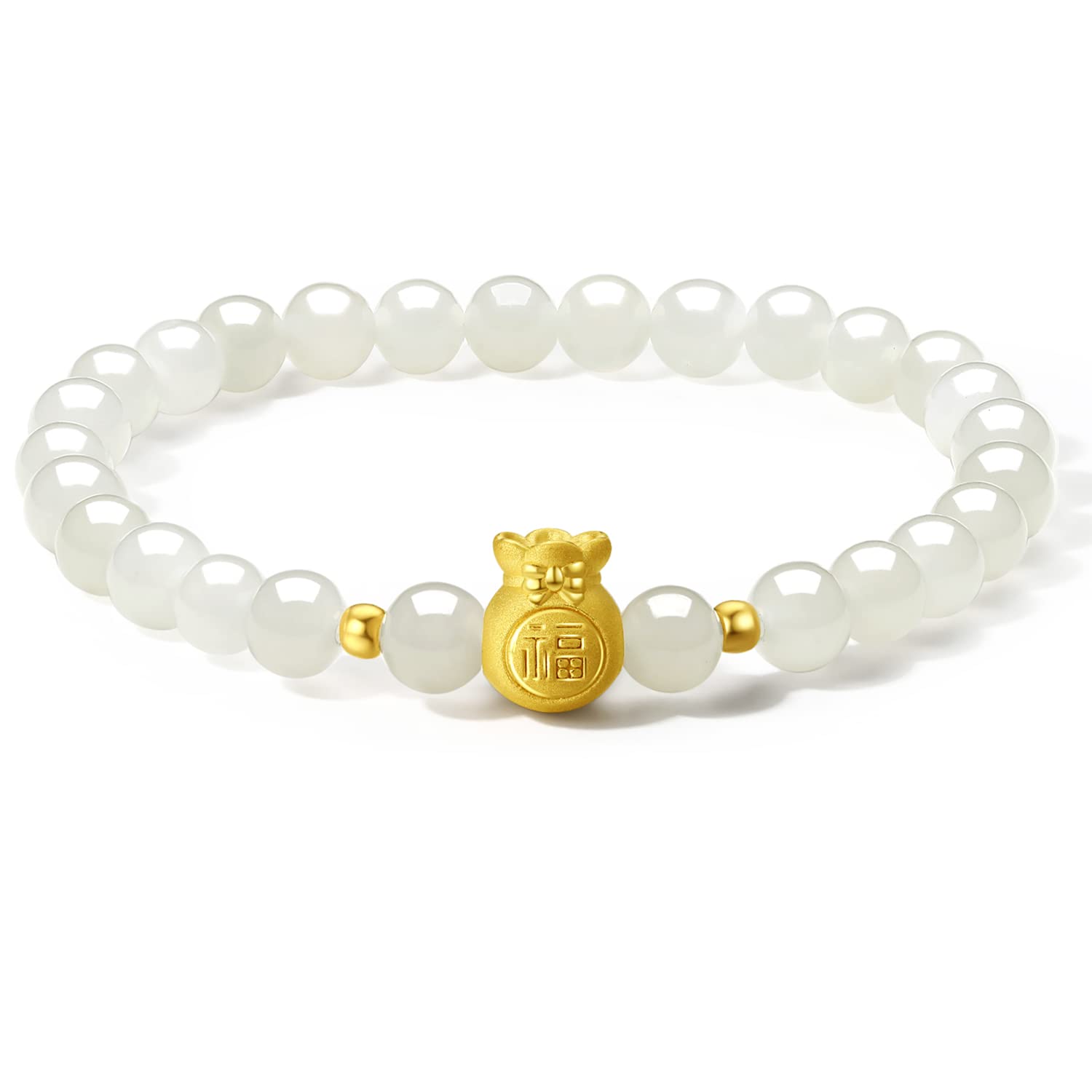 24K Solid Gold Bracelet for Women & Men - Real Pure Gold Jewelry with Fortune Bag Gourd Charm & White Jade Beads - Elegant Unisex Gift for Teen Girls, Birthday, Anniversary - Perfect for Daily Wear, Special Occasions & Wealth Attraction