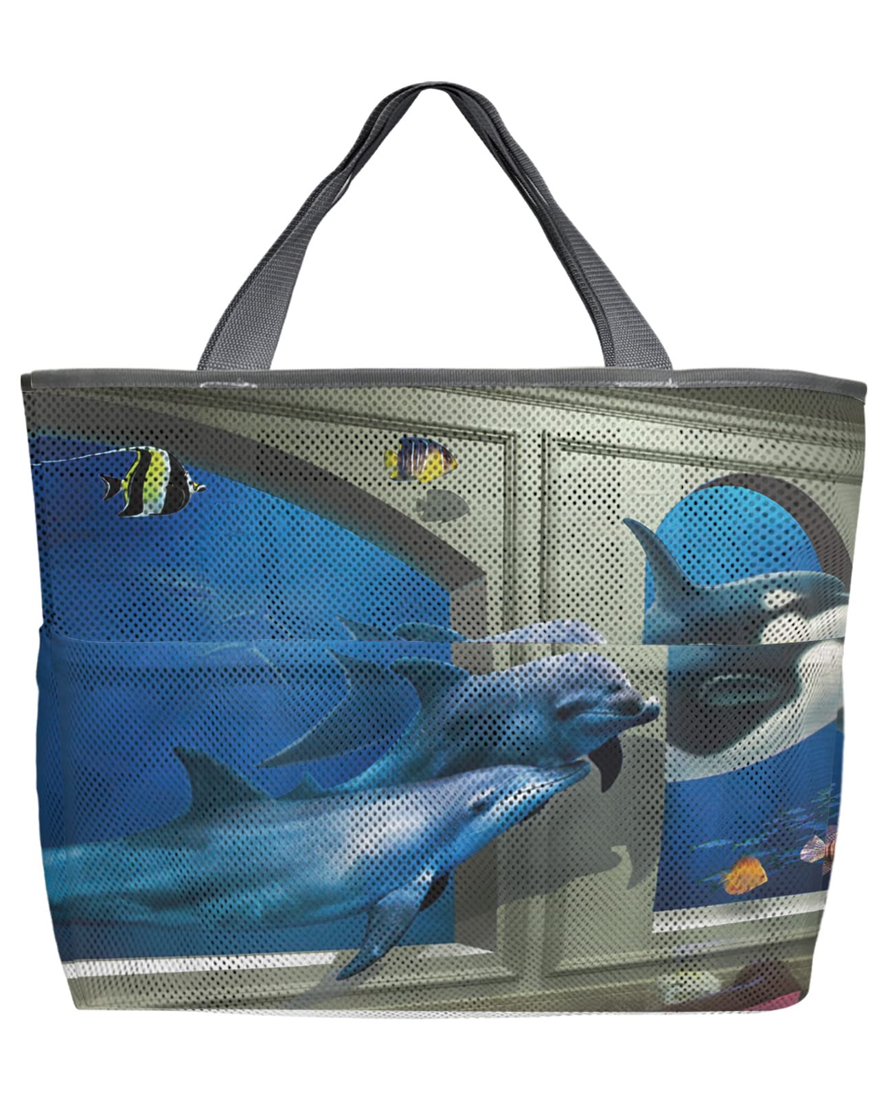 Underwater World Mesh Beach Tote Bag - 60L Oversized Quick-Dry Swim Bag with Pockets | Blue Ocean Dolphin Fish Design | Foldable Lightweight Grocery Storage Net Bag (24