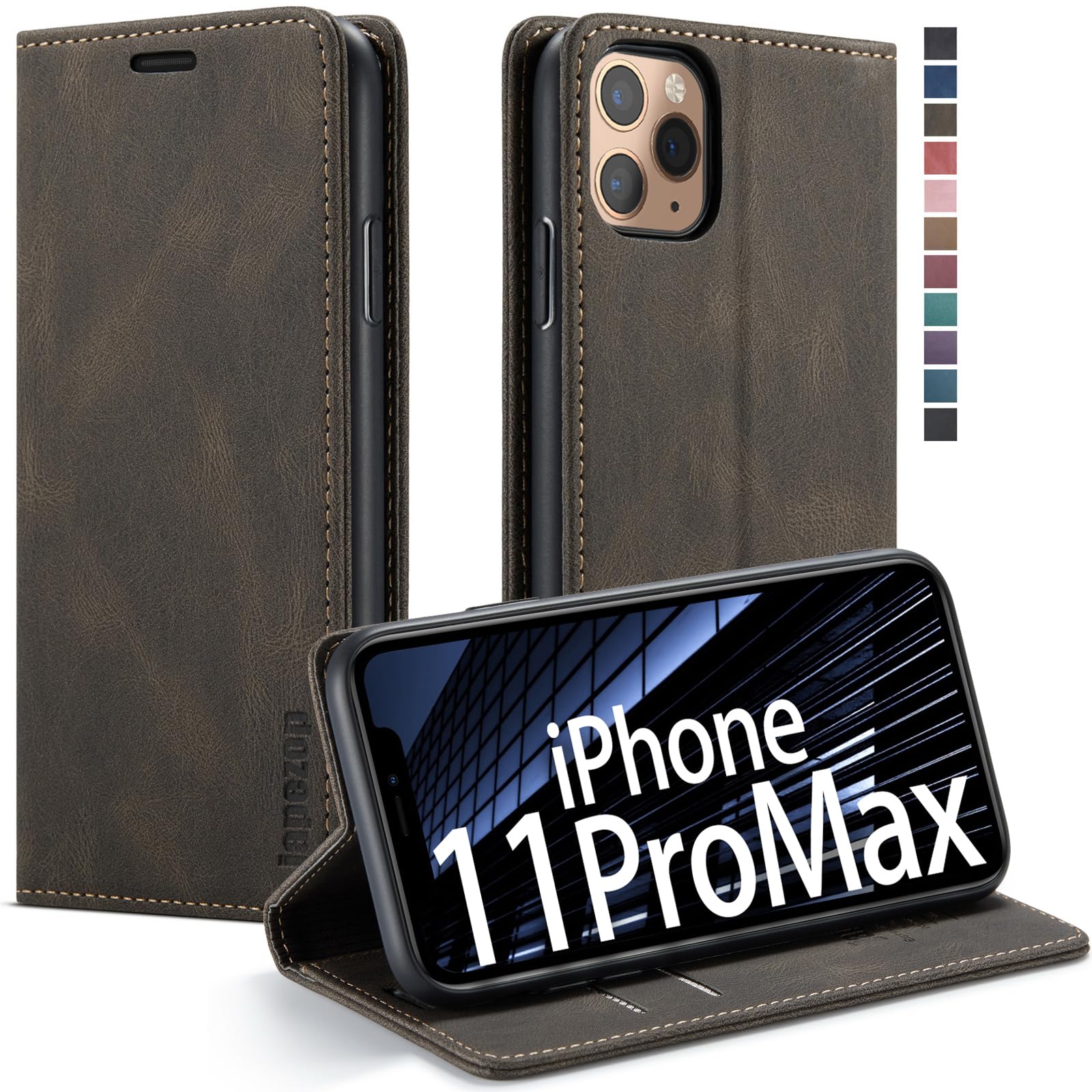 Premium RFID Blocking PU Leather Wallet Case for iPhone 11 Pro Max (6.5 inch) - Magnetic Flip Cover with Card Holder (Coffee) | Perfect for Daily Commute & Business Travel Protection