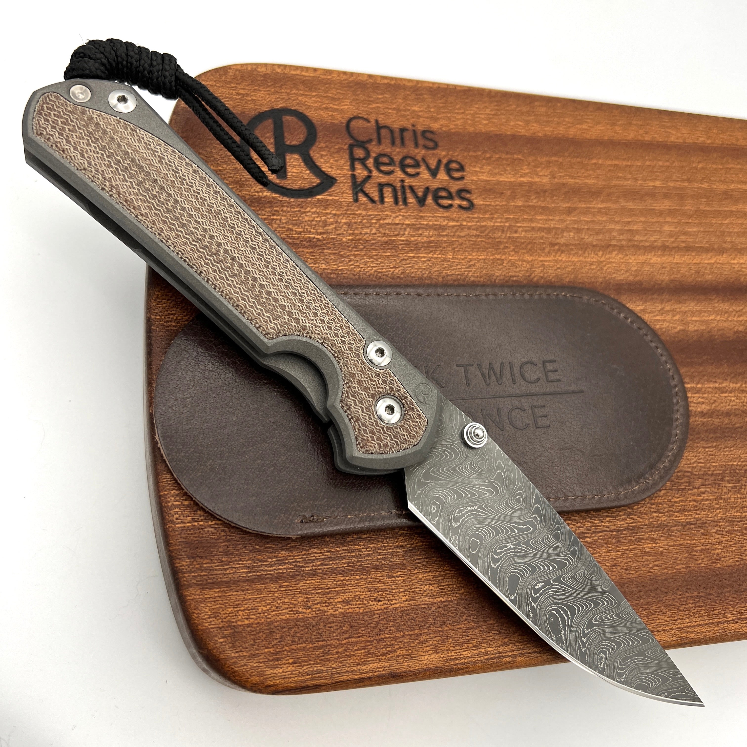 Chris Reeve Knives Large Sebenza 31 Drop Point Folding Knife - Boomerang Damascus Blade, Left-Hand Natural Canvas Micarta Inlay & Double Silver Lug - Perfect for Outdoor Camping, Hunting, and EDC Collection