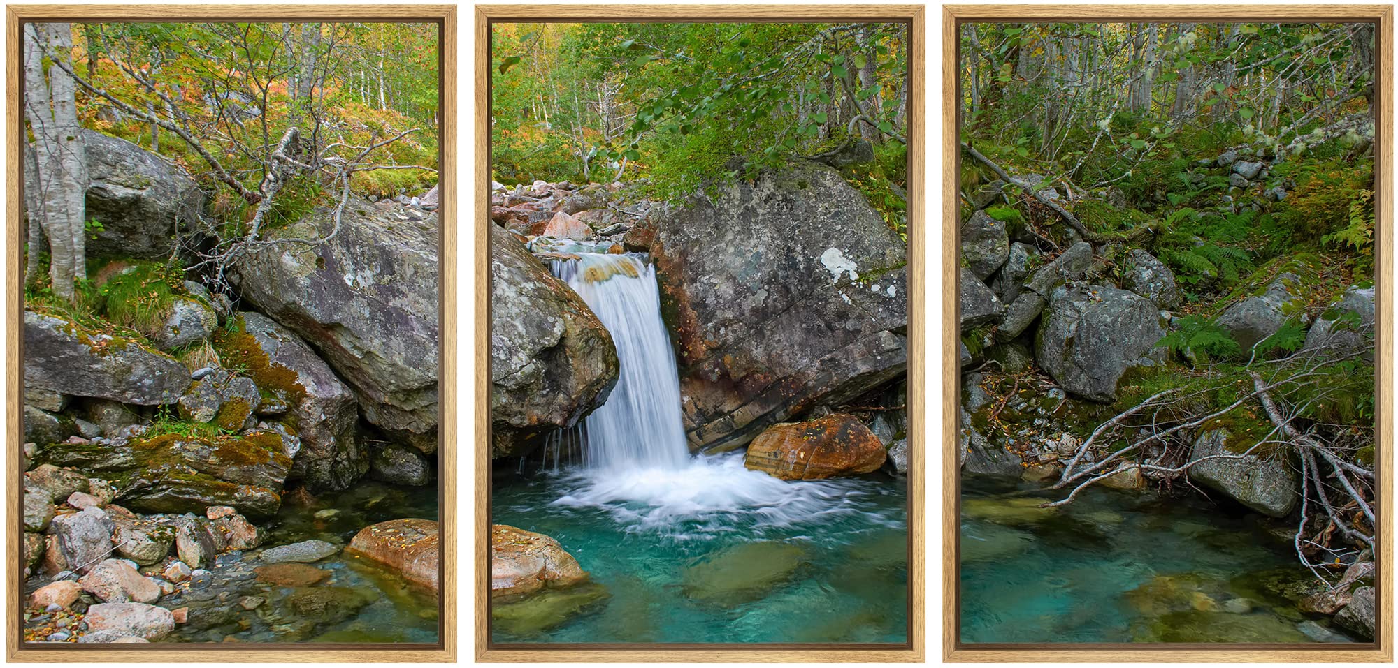 SIGNWIN 3 Piece Framed Canvas Wall Art - Forest Waterfalls Landscape Painting, Nature Scenery Prints for Home Decor, Living Room & Bedroom - 16