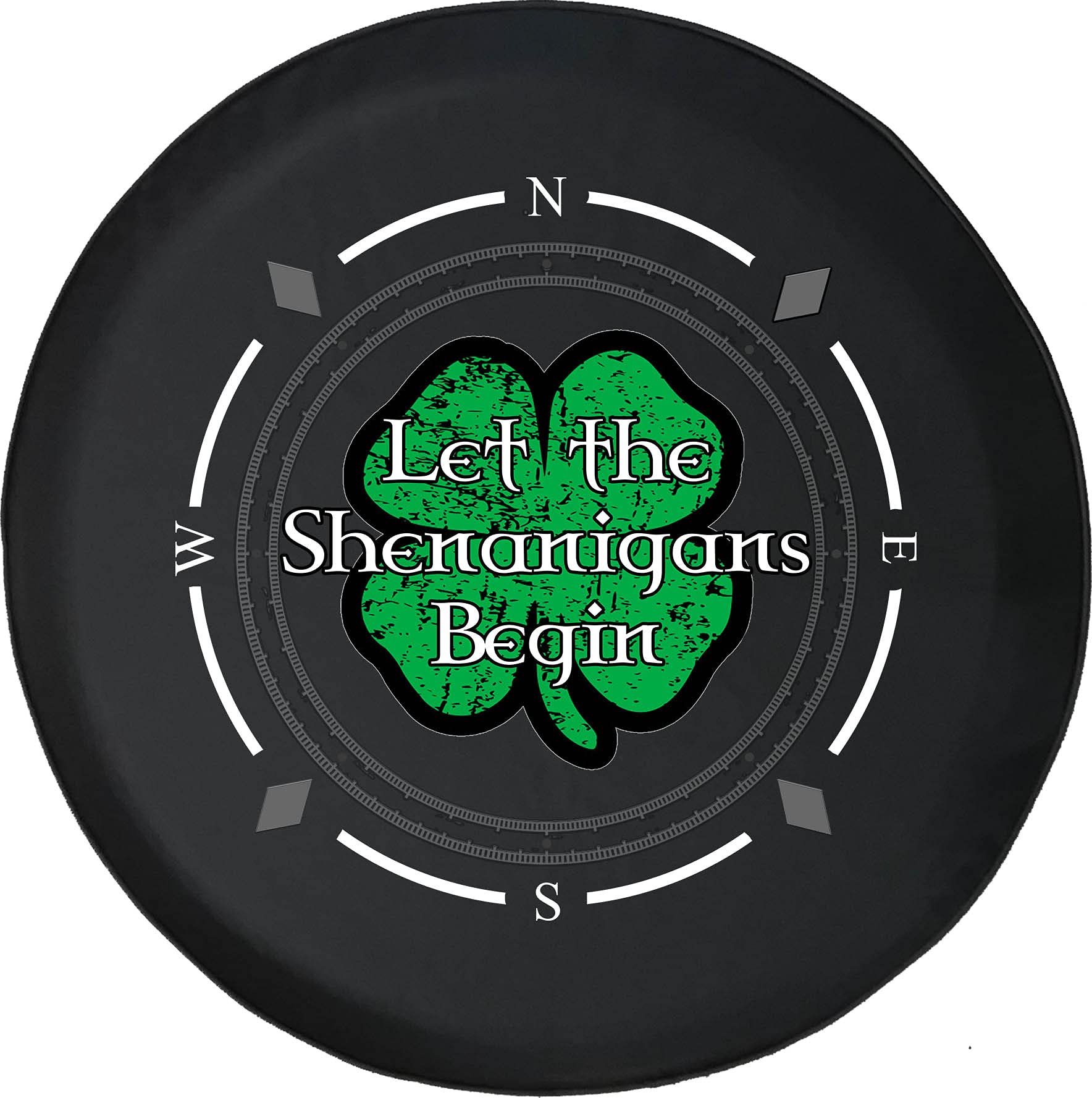 American Unlimited Spare Tire Cover with Compass Design - 'Let The Shenanigans Begin' Shamrock Wheel Cover for SUV, Trailer, RV Accessories | Fits Most Vehicles | Perfect for Road Trips, Camping & Outdoor Adventures