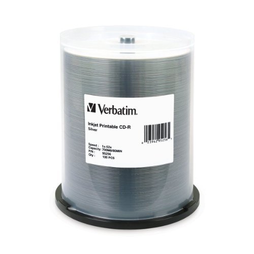 Verbatim 700MB 52x 80-Minute Printable CD-R Discs - 100-Pack Spindle | Silver Inkjet Printable Surface for Home, Office & Data Storage | Compatible with CD Burners & Printers