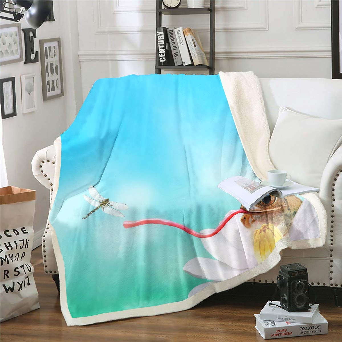 Feelyou Kids Sherpa Fleece Blanket 50x60 Inches - Soft Plush Frog & Dragonfly Animal Pattern Throw Blanket for Sofa, Bed, Couch - Cozy Nature Theme Decor with Lotus Flower Design - Perfect for Nursery, Living Room & Gift Giving