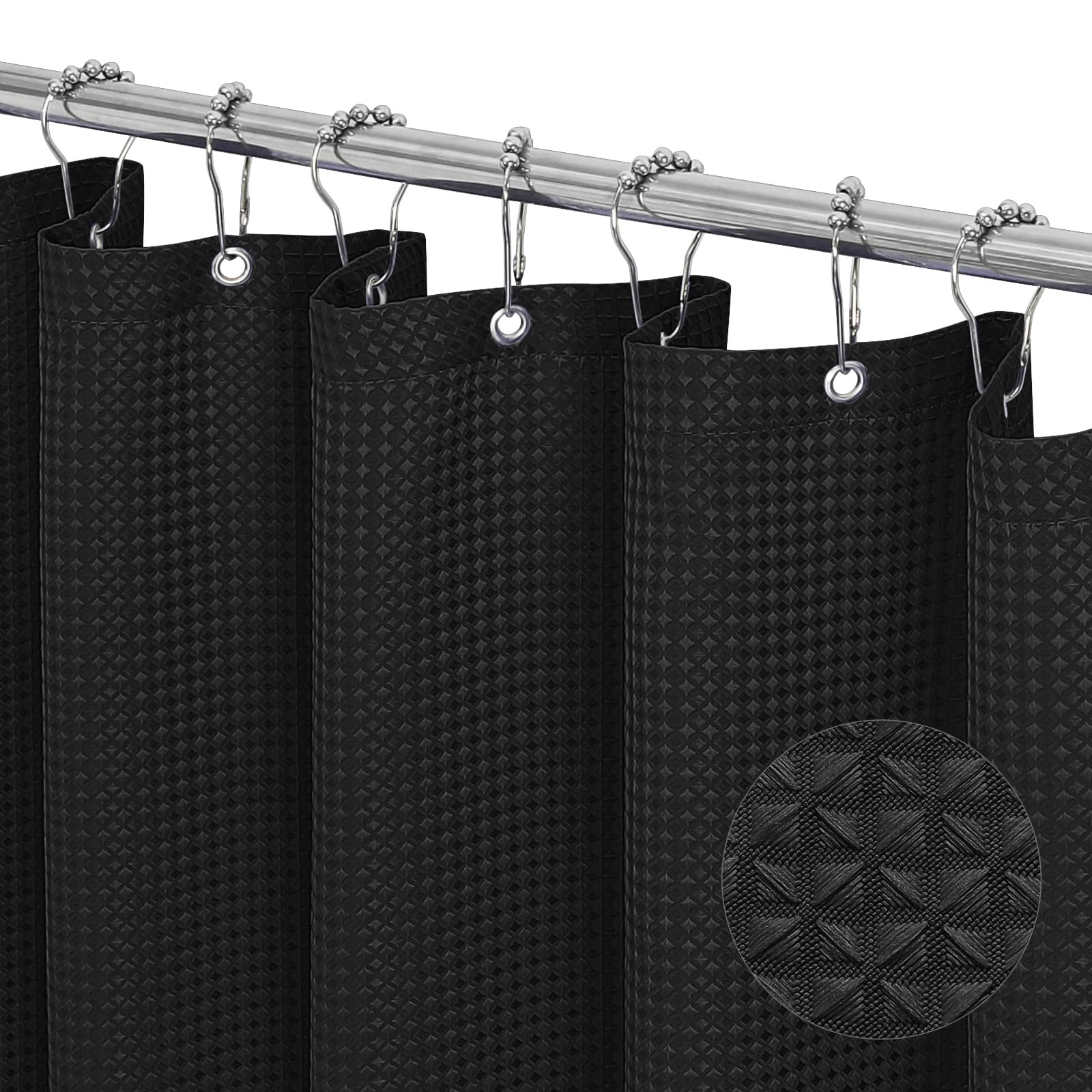 Premium Black Waffle Weave Shower Curtain - 72x72 Inch Heavy Duty Hotel Luxury Fabric for Modern Bathroom Decor - Waterproof & Mold Resistant - Perfect for Spa, Master Bath & Guest Room Styling