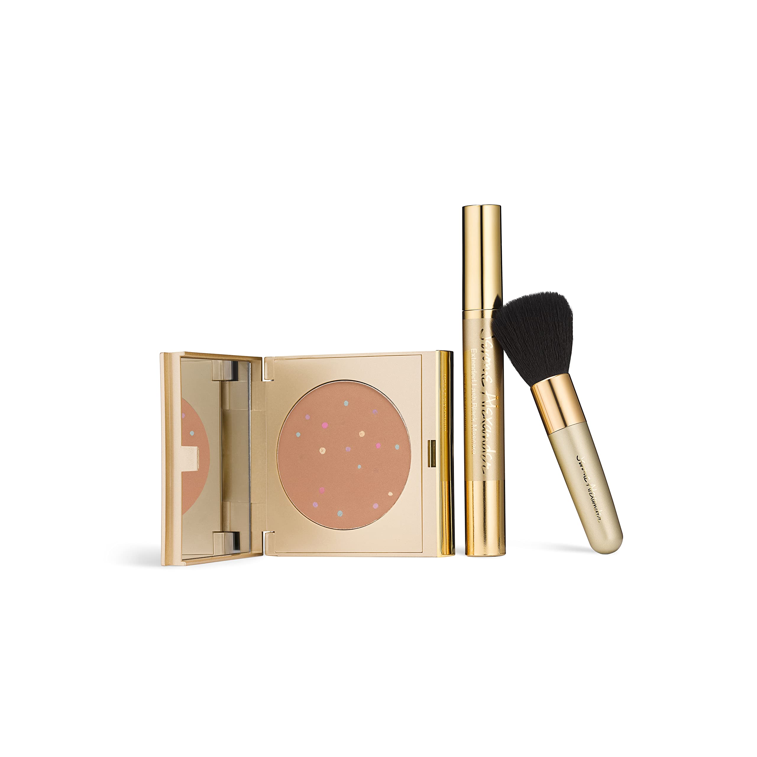 Jerome Alexander MagicMinerals Pressed Mineral Powder Makeup Set with Mirror Compact, Extending Lash Mascara, Professional Stubby Brush & Blending Sponge - Medium Dark Shade for Flawless Full Face Coverage | Perfect for Daily Use, Travel & On-The-Go Touch Ups