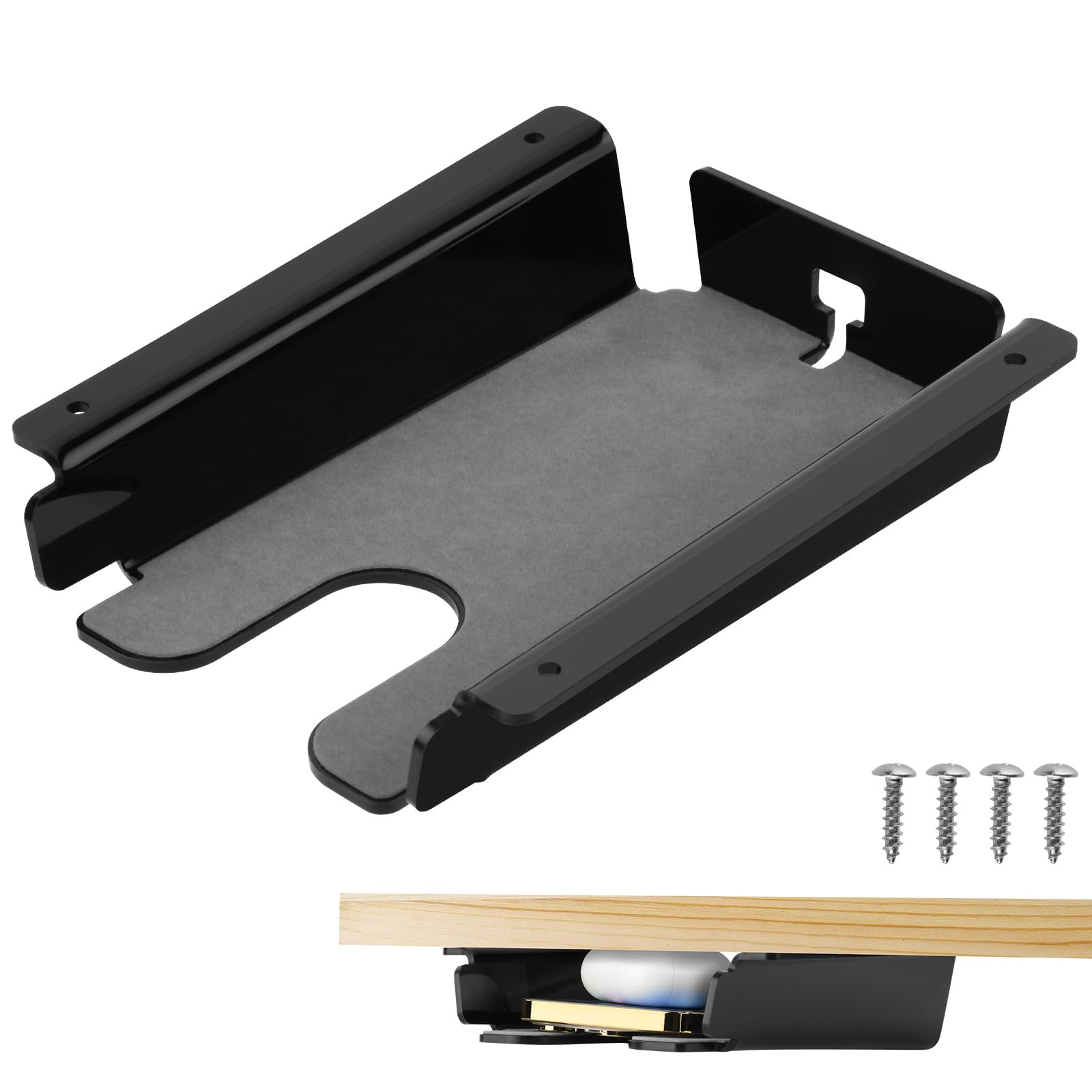 Under Desk Storage Shelf for Phone - Acrylic Under Desk Mount Phone Holder for Office & Workstations - Hidden Space-Saving Smartphone Organizer - Black - Perfect for Home Office & Workspace Organization