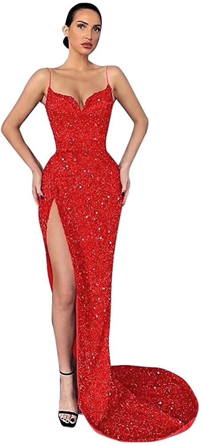 Sparkly Sequin Mermaid Prom Dress with High Slit & Spaghetti Straps - Elegant Formal Evening Gown for Homecoming, Quinceañera & Special Occasions