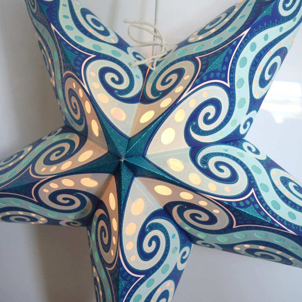 24 Pack Turquoise Blue Mouri Glitter Paper Star Lanterns for Party Decorations, Wedding, Baby Shower & Home Decoration - Hanging Star Lights for Indoor/Outdoor Use