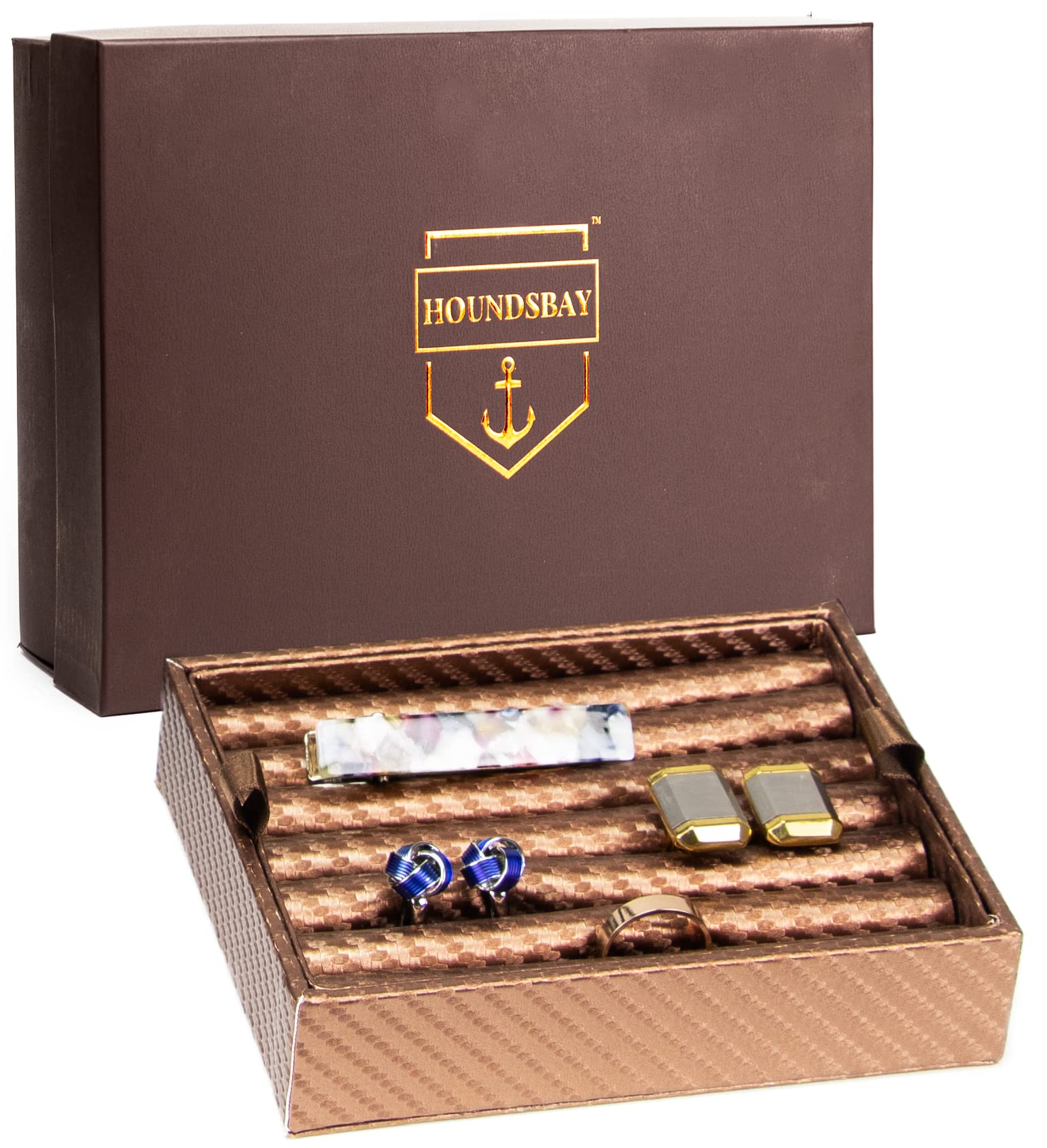 HOUNDSBAY Premium Ring & Cufflink Organizer Box with Padded Jewelry Tray - Luxury Dresser Valet for Men, Yachtsman Watch Box Accessory (Copper Carbon Fiber) | Perfect for Wedding Gifts, Anniversary Presents & Luxury Home Decor