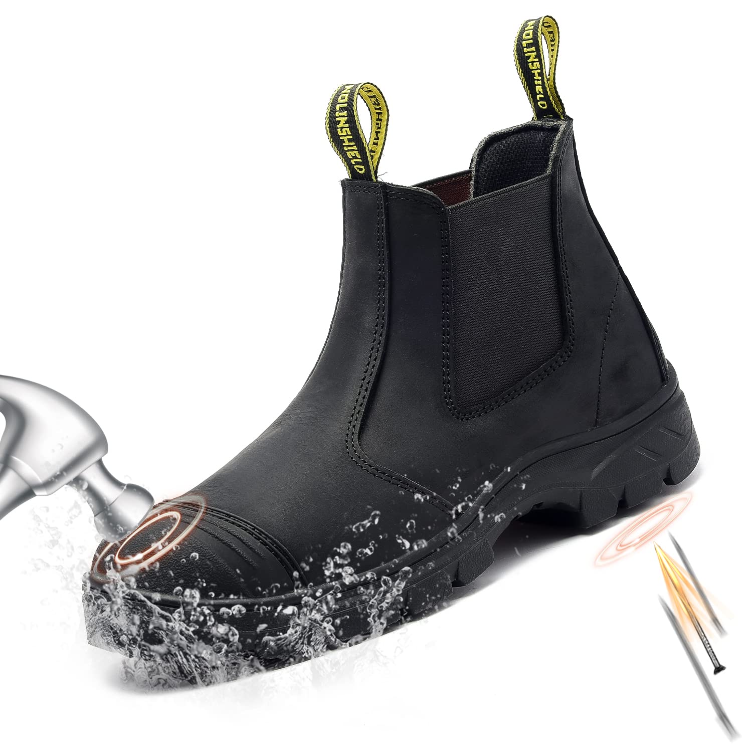 NOLINSHIELD Men's Steel Toe Work Boots - Slip Resistant, Water Repellent & Lightweight Safety Shoes for Construction, Warehouse & Outdoor Work | Premium Leather Slip-On Work Boots for Men