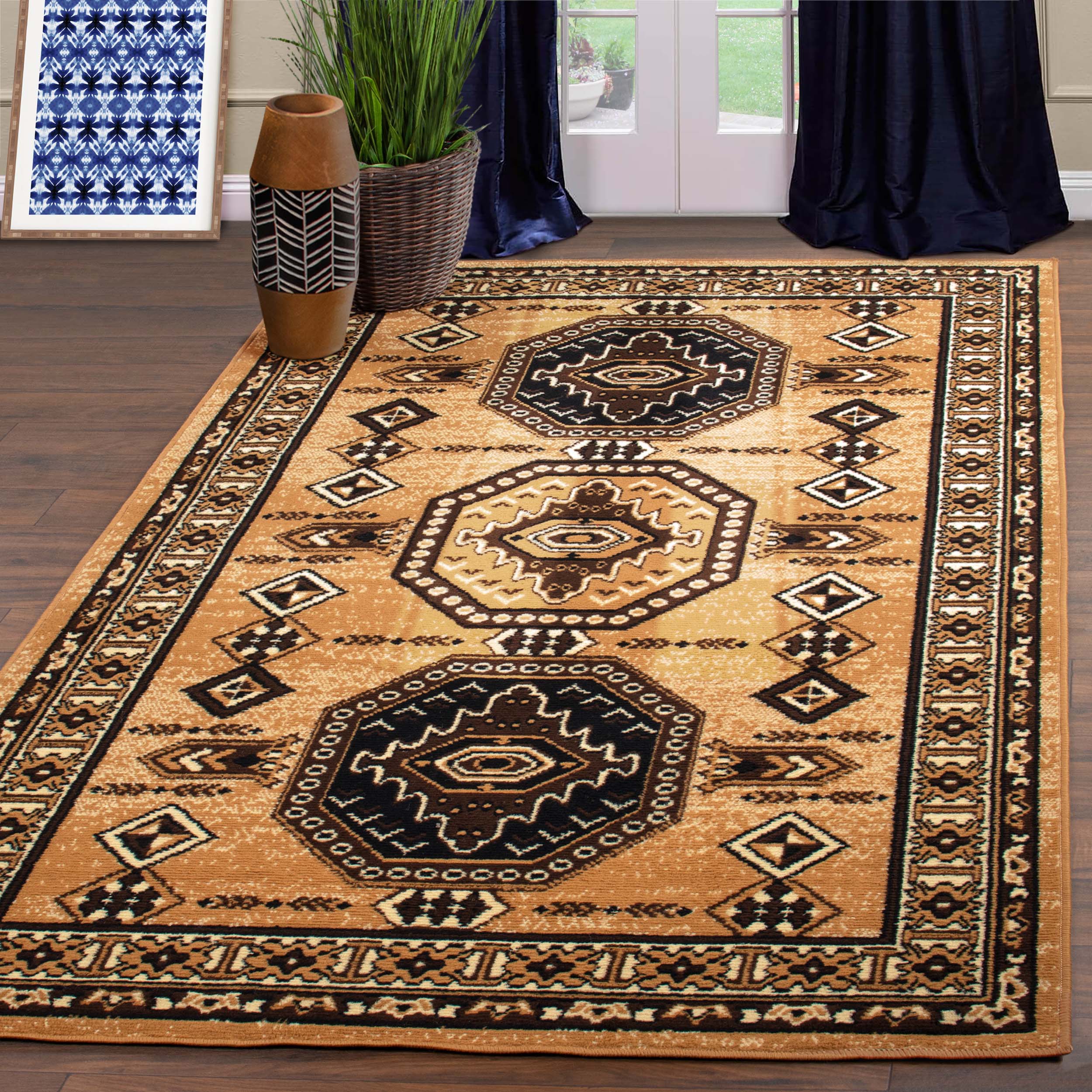 Takeo Aztec Geometric Indoor Area Rug - Non-Slip Bohemian Tribal Design for Living Room, Bedroom & Dorm Decor