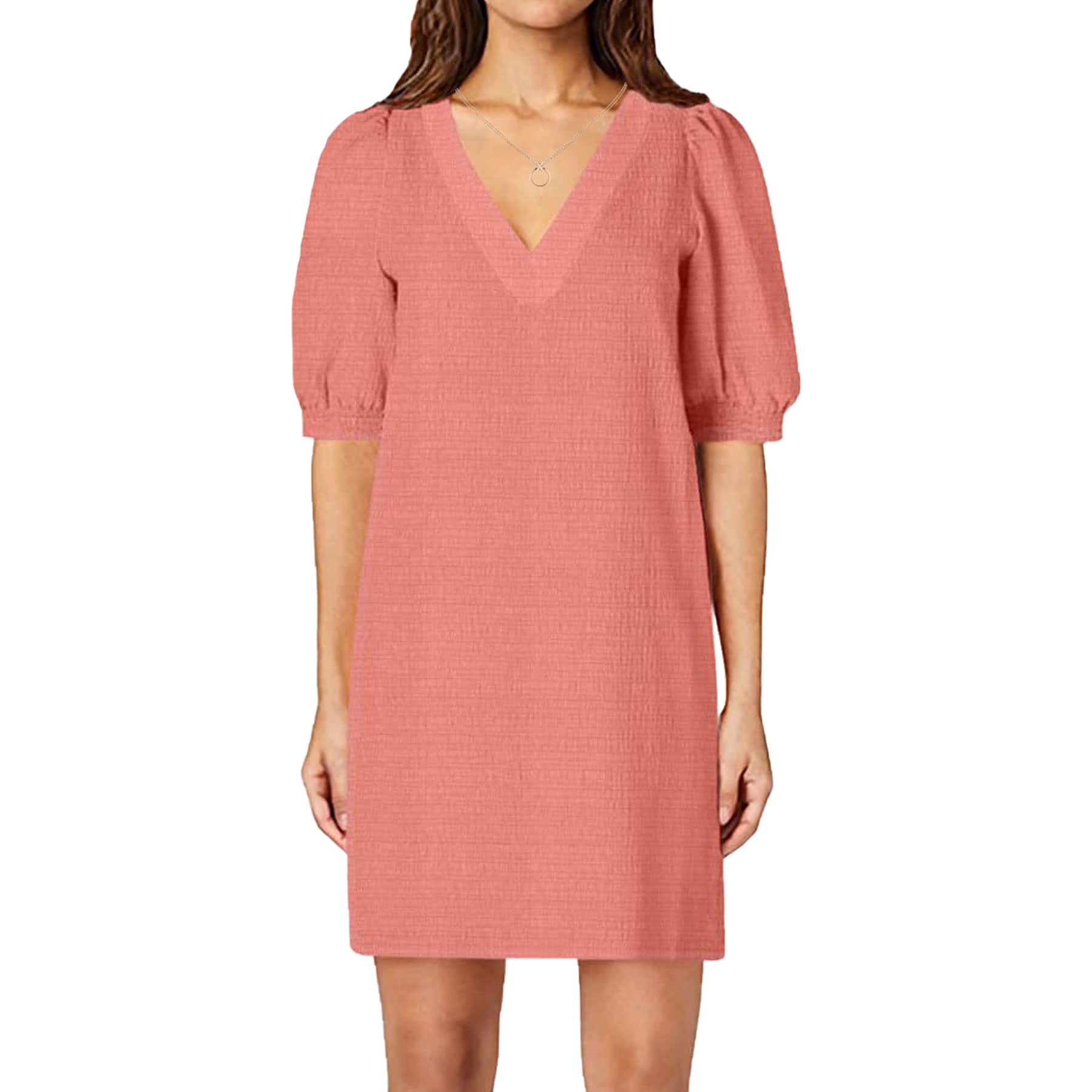 WERLIKE Women's Summer Casual Dress - Loose Fit V-Neck Puff Sleeve Mini Dress with Pockets | Cute Flowy Short Skirt for Beach, Vacation, Date Night & Outdoor Activities