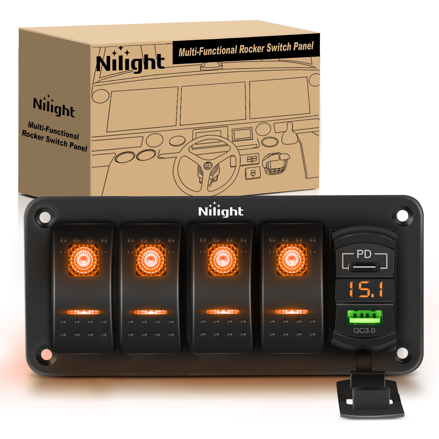 4 Gang Switch Panel with QC3.0 & PD Fast Charger, Voltage Meter & Orange Backlit - Perfect for Marine, RV, Truck & Off-Road Vehicle Dashboards