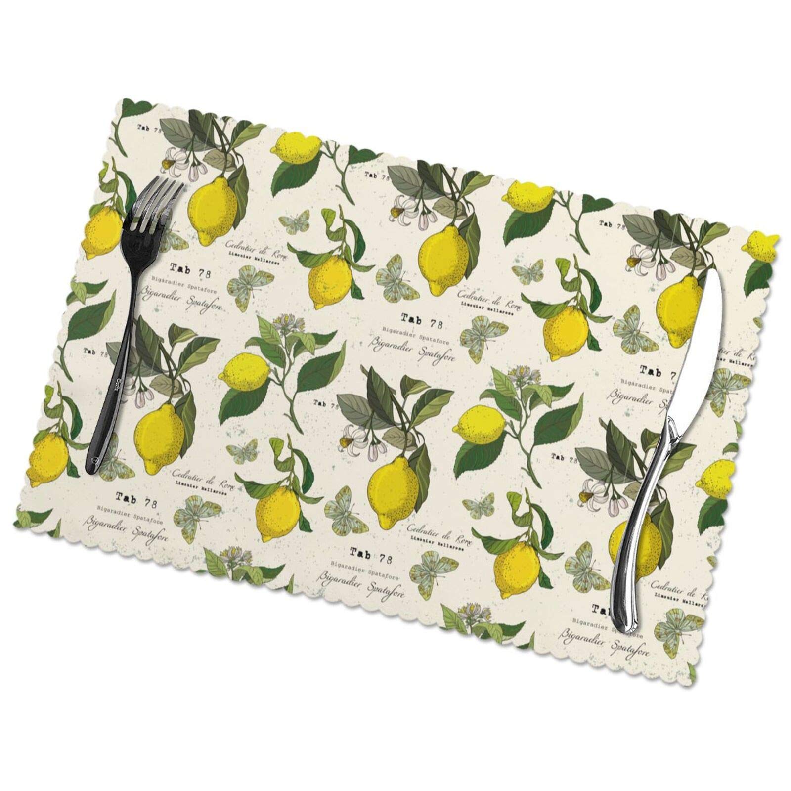 6-Pack Beige Lemon Placemats with Green Leaves - Non-Slip Kitchen & Dining Table Mats (12x18 Inch) for Indoor/Outdoor Use | Perfect for Summer BBQs, Picnics & Farmhouse Decor